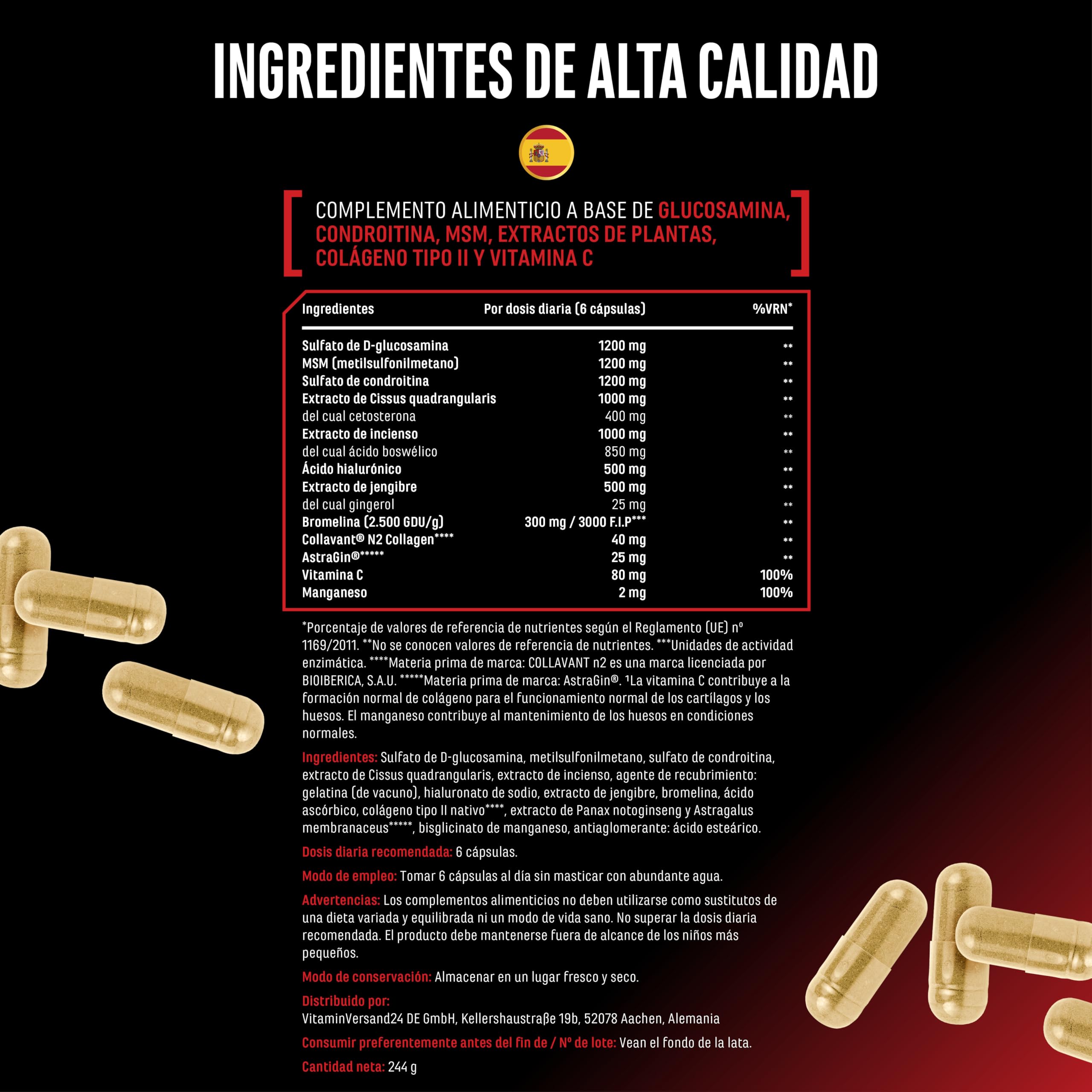 Bone Force - Complejo Articular Premium con Collavant® N2 (Colágeno Tipo II), AstraGin®, Glucosamina, MSM, Condroitina, Cissus y Acido Hialurónico - 180 Cápsulas Ultra