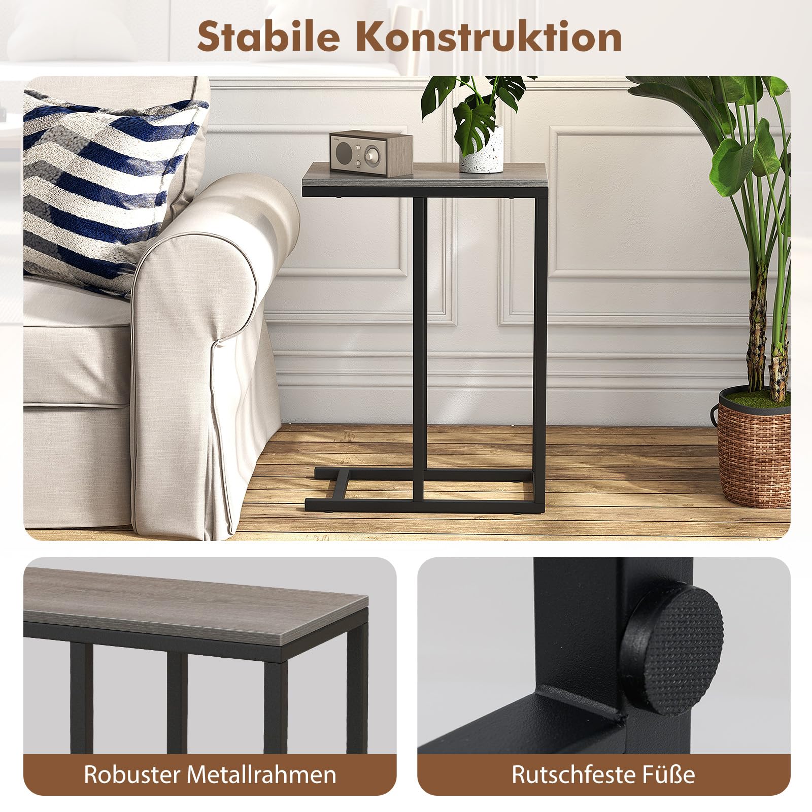 COSTWAY Bijzettafel C-vorm, banktafel met metalen frame, salontafel, laptoptabel, 45,5 x 25,5 x 64 cm (grijs