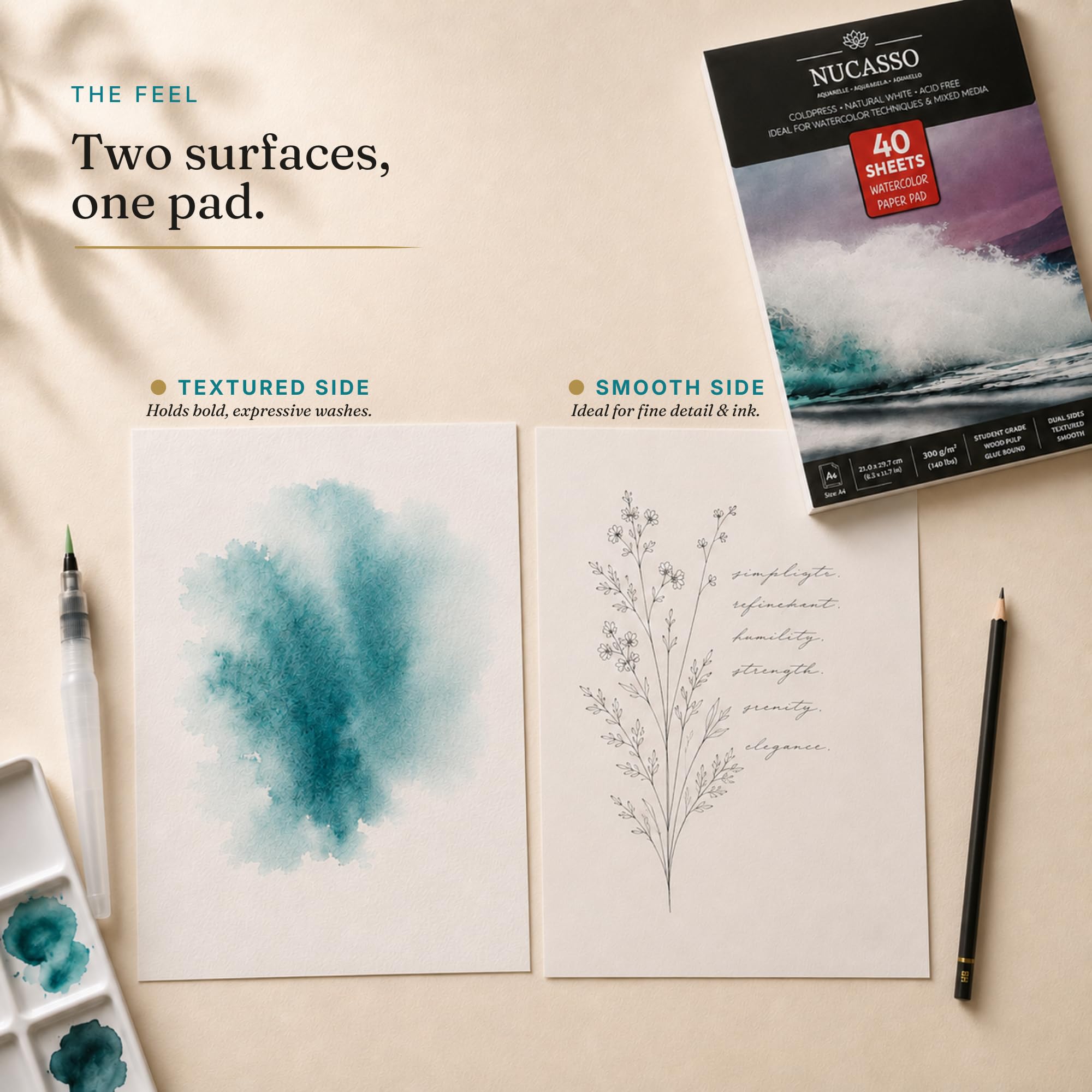 NUCASSO Aquarellpapierblock A4 x 30 Blatt – Naturweiß 300 g/m² Studentenqualität, kaltgepresst, klebegebunden, Aquarell-Skizzenbuch für nassen, trockenen und gemischten Medien