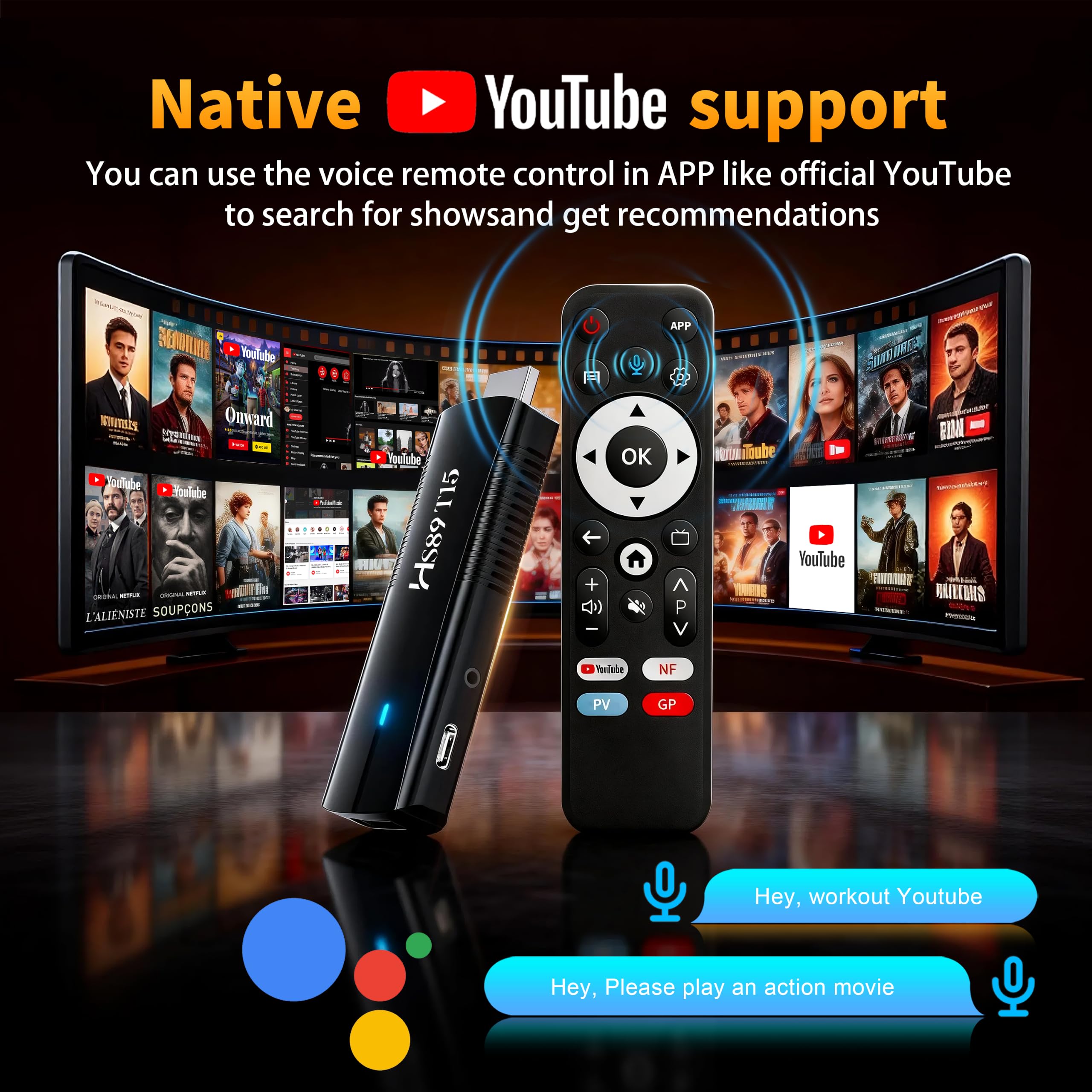 HS89 T15 Smart TV Stick Android 14 4K Ultra HD, 2GB RAM 16G ROM RK3539 WiFi 6 Bluetooth 5.4 HDR10+, TV Stick Box Android 14.0 con Assistente Telecomando Vocale, Dispositivo di Streaming Intelligente