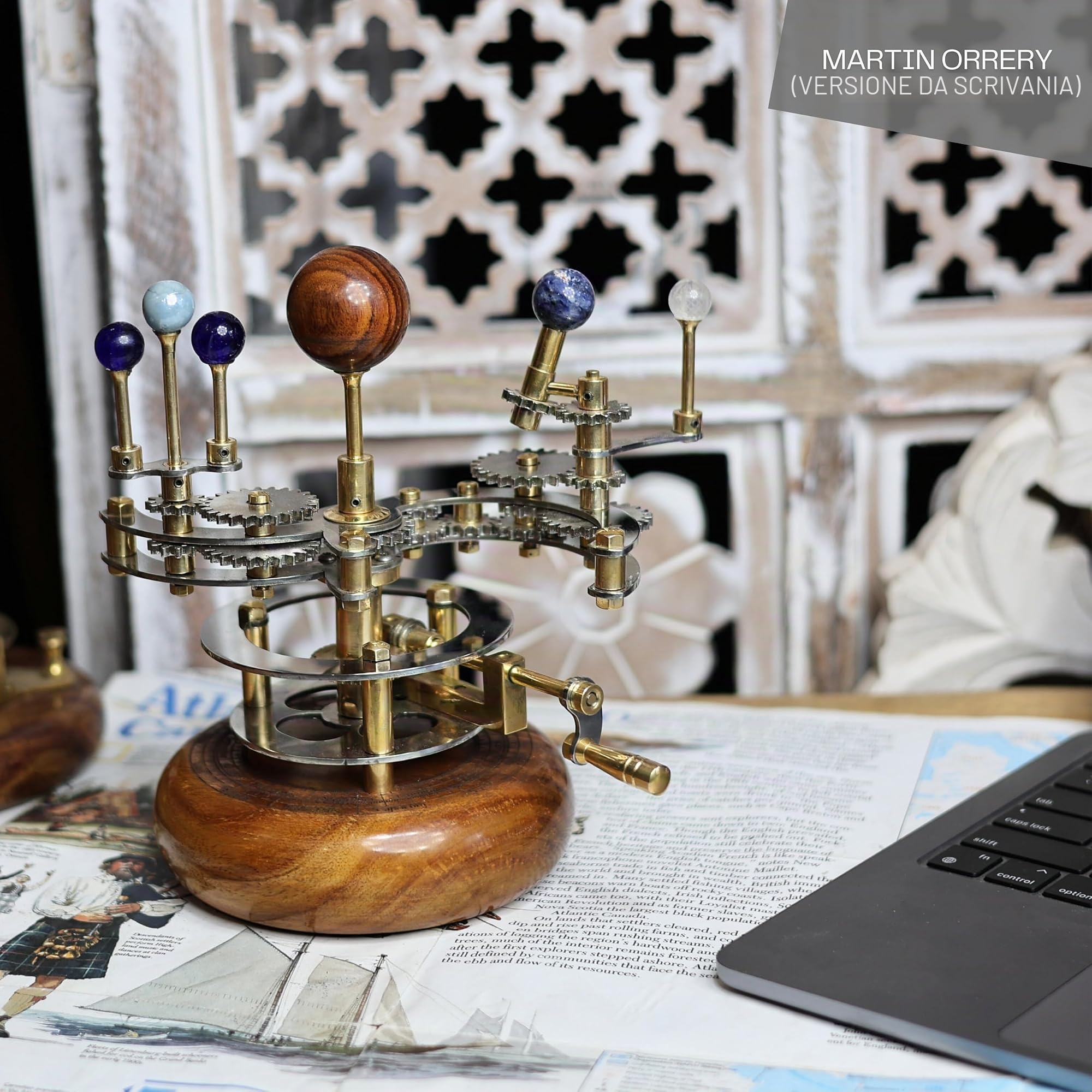 Modello del sistema solare | Orrery di astronomia educativa e decorativa | Planetario meccanico in ottone di alta qualità (8 pollici Terra, Marte e Lune)