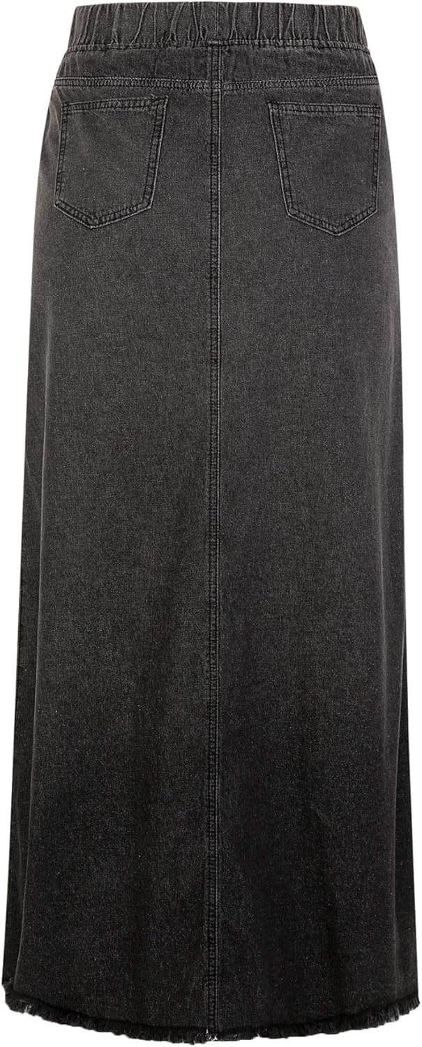 CHARTOU Women's Retro Elastic High Waist Frayed A-Line Maxi Denim Skirt with Pockets - Image 3
