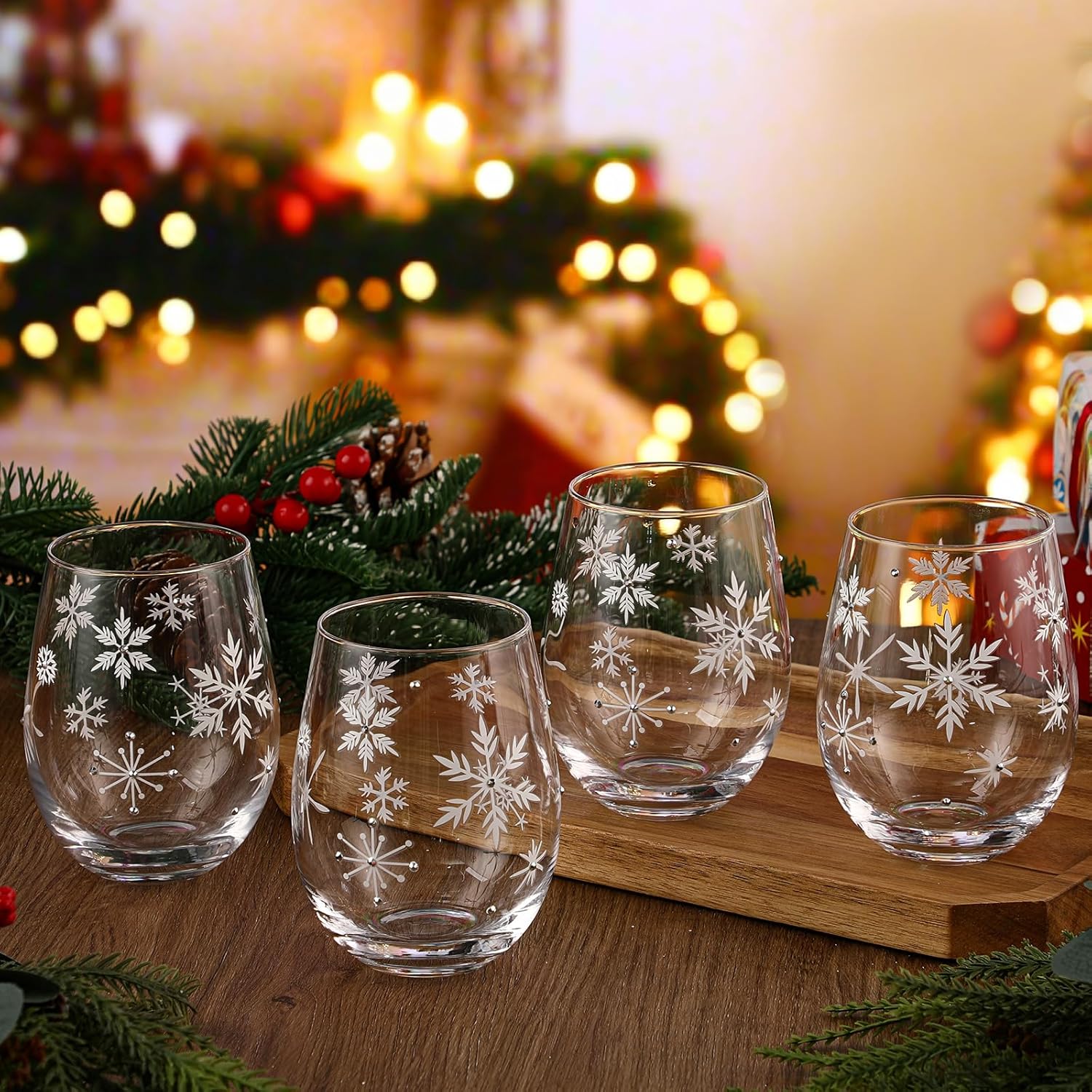 Vesici 4 Pcs Christmas Stemless Wine Glasses 19 oz Winter Snowflake Wine Glasses Christmas Snowflake Drinkware Set Xmas Birthday Gifts for Xmas Festive Party Supply