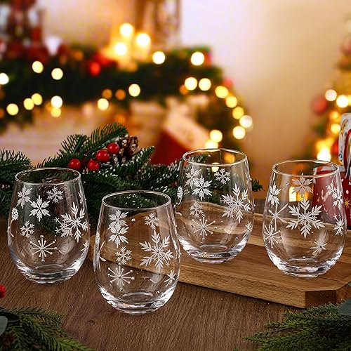 Vesici 4 Pcs Christmas Stemless Wine Glasses 19 oz Handcrafted Rhinestone Snowflake Xmas Snowflake Cocktail Cups Holiday Stemless Beverages Glassware Gifts for Christmas Festive Party Supply - Snowflake