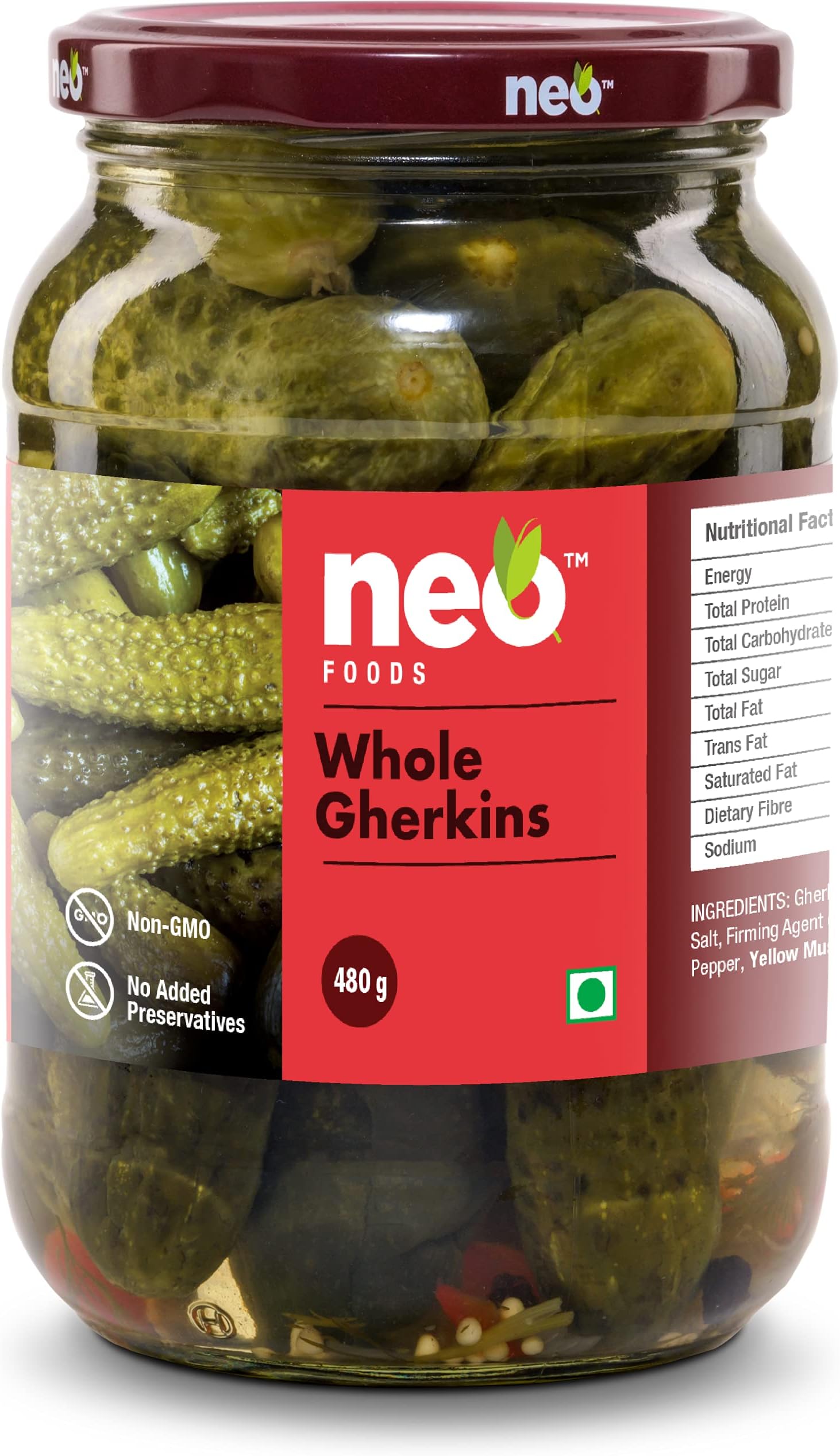 Neo Whole Gherkins 480g I Pack of 1 I 100% Plant Based I Low Fat Sweet and Crunchy Pickles, Ready to Eat I Enjoy with Nachos, Make a Healthy Salad at home