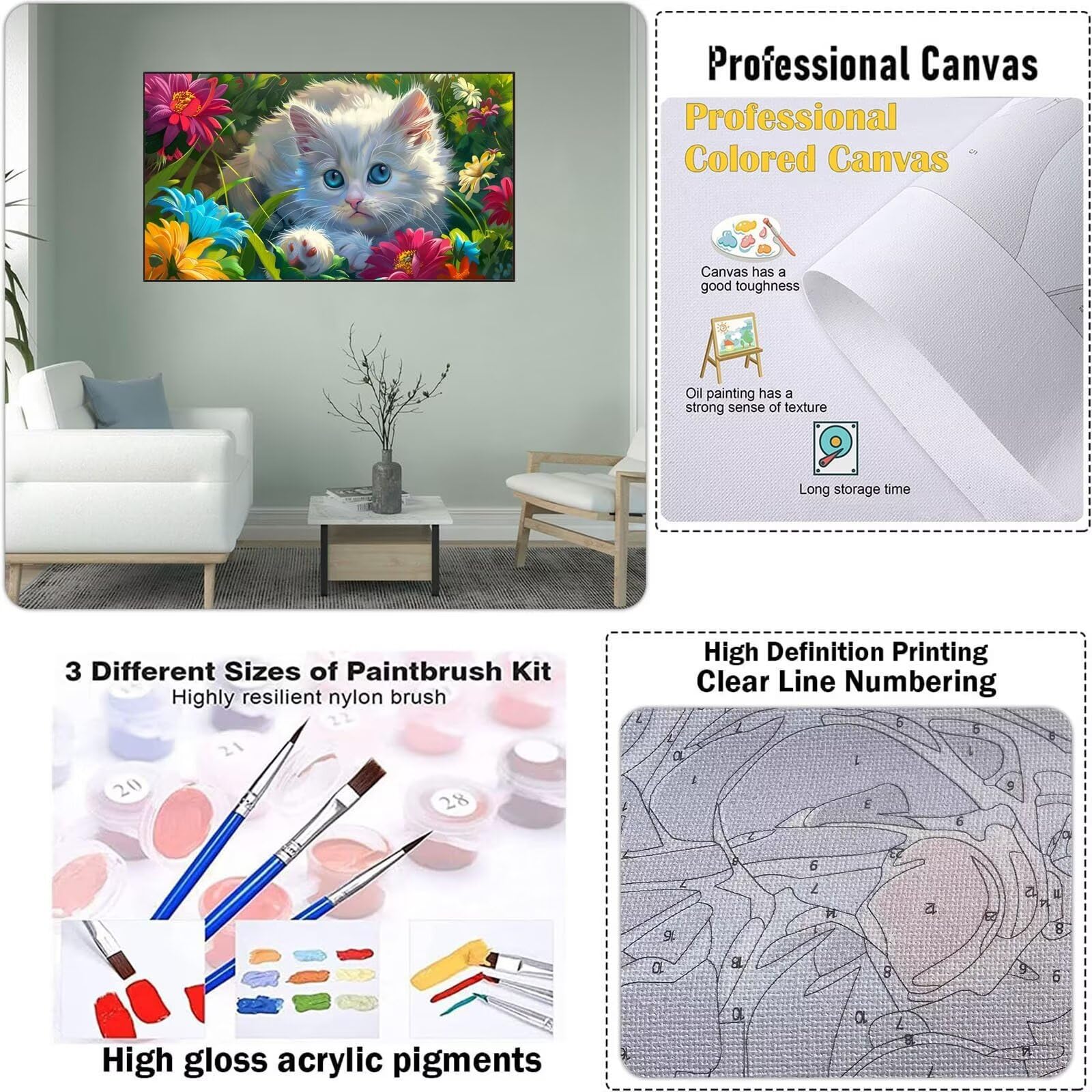 Dipingere con i Numeri Adulti, Gatto Kit di Pittura Acrilica Fai-da-Te per Adulti Principianti, 110x60cm Paint by Numbers Adulti con Pennelli Pittura a Pigmento Acrilico, Senza Cornice (Margherita)