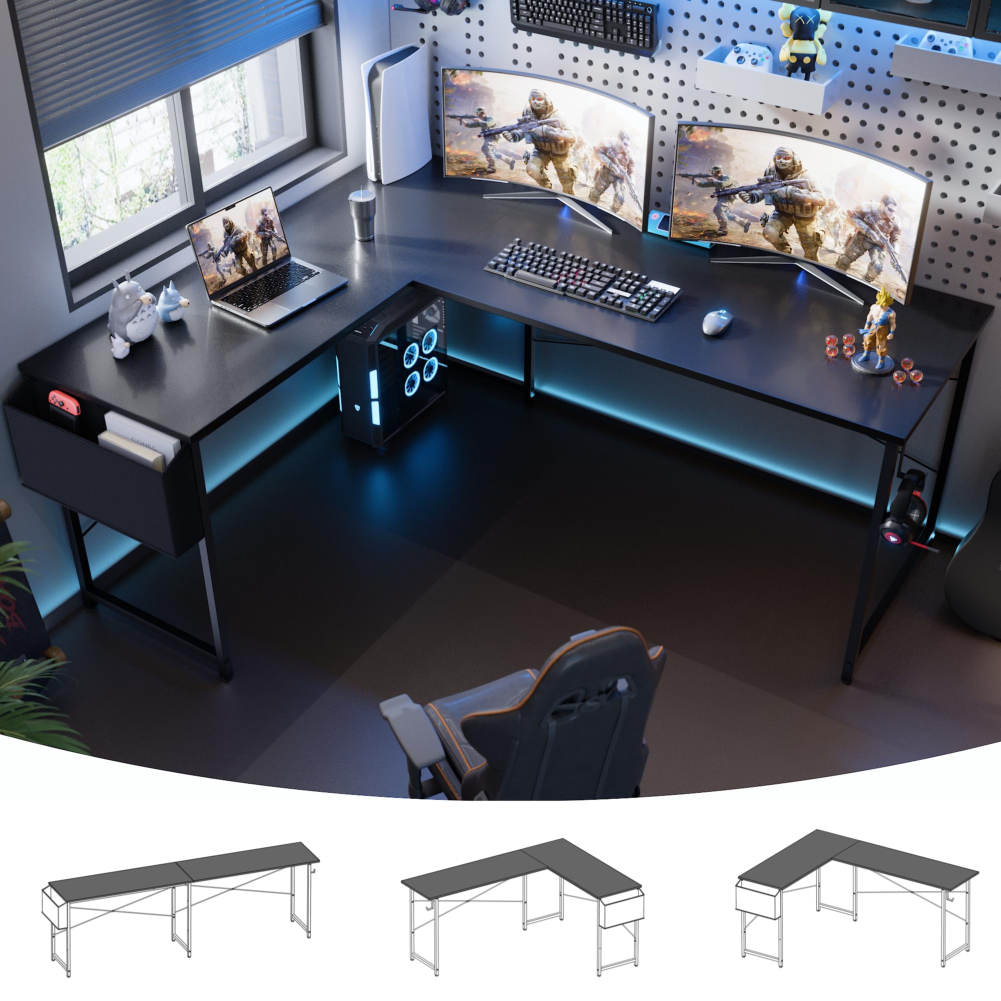 Pamray 64.5 Inch Reversible L Shaped Gaming Desk Large Corner Computer Desk with Storage Bag Home Office Table for Writing Study Black