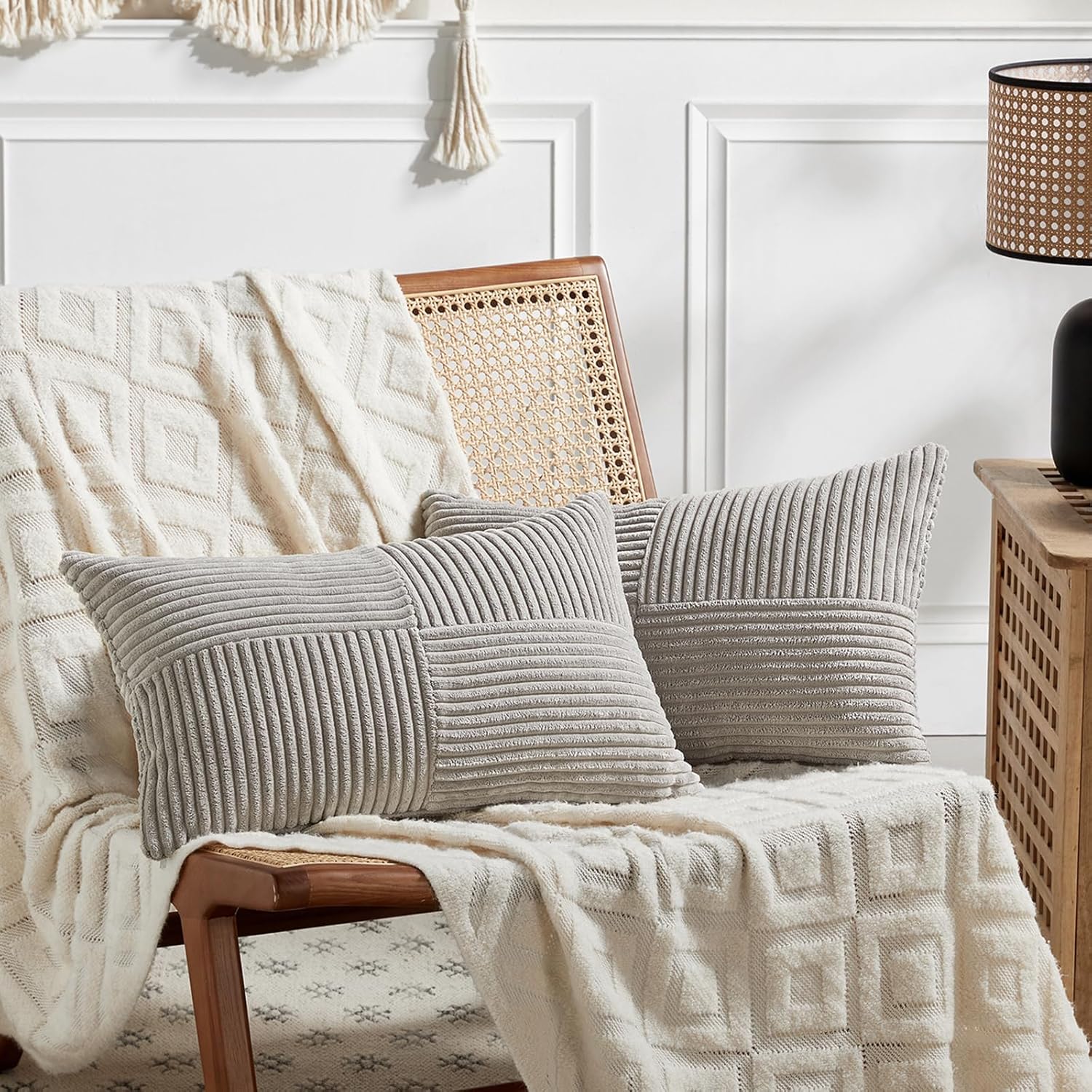 Fancy Homi 2 Packs Neutral Grey Lumbar Decorative Throw Pillow Covers 12x20 Inch for Living Room Couch Bed Sofa, Farmhouse Home Decor, Soft Striped Corduroy Rectangle Accent Cushion Case 30x50 cm 12"x20" Neutral Grey