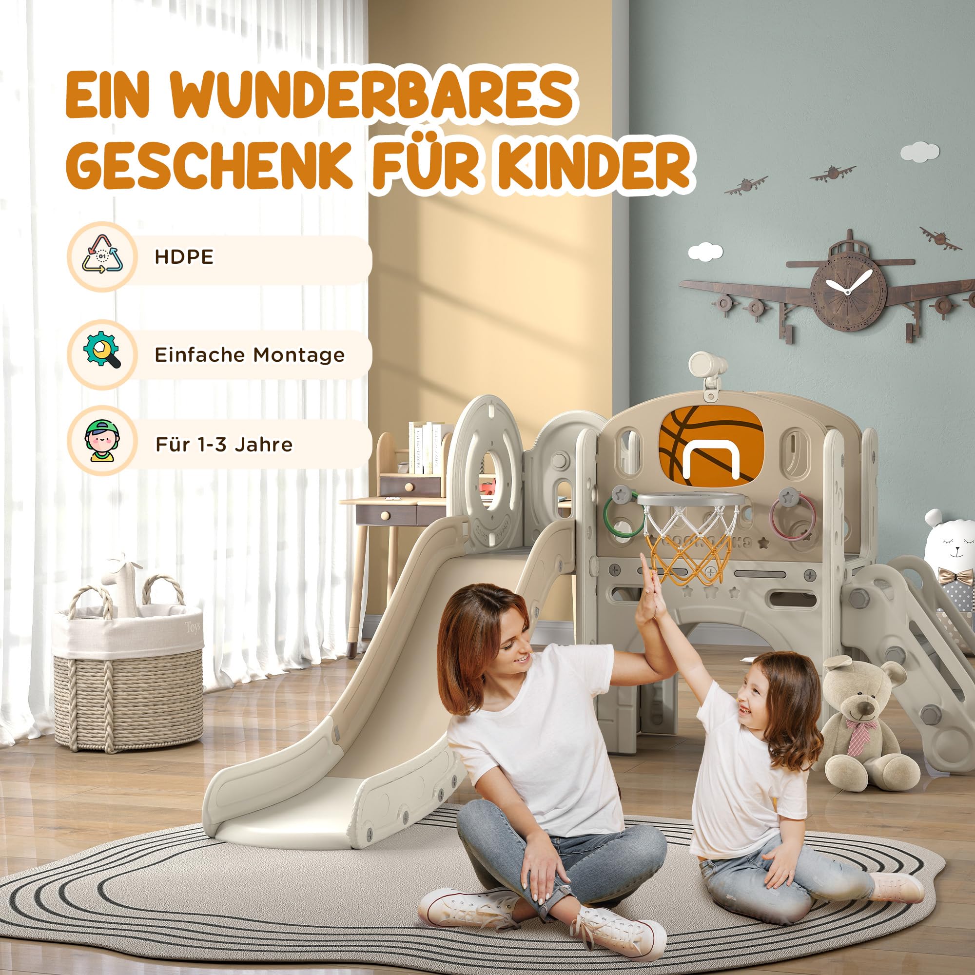 AIYAPLAY Kinderrutsche 7-in-1 mit Basketballkorb für Indoor & Outdoor | Kleinkinderrutsche Klettergerüst, Teleskop, Tunnel, Plattformgang, Aufbewahrungskorb, für 1 bis 6 Jahre Kinder