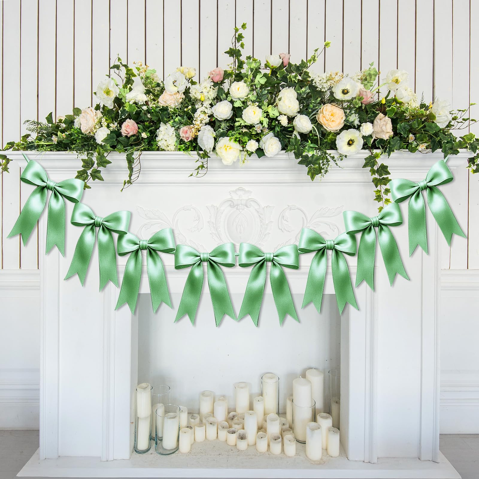 1 String of 8PCS Sage Green Bow Garland Banner Decoration,Pre-Strung Satin Ribbon Ornaments for Birthday,Bachelorette Party,Bridal Shower,Wedding,Engagement,Baby Shower,Graduation Decor,Anniversary