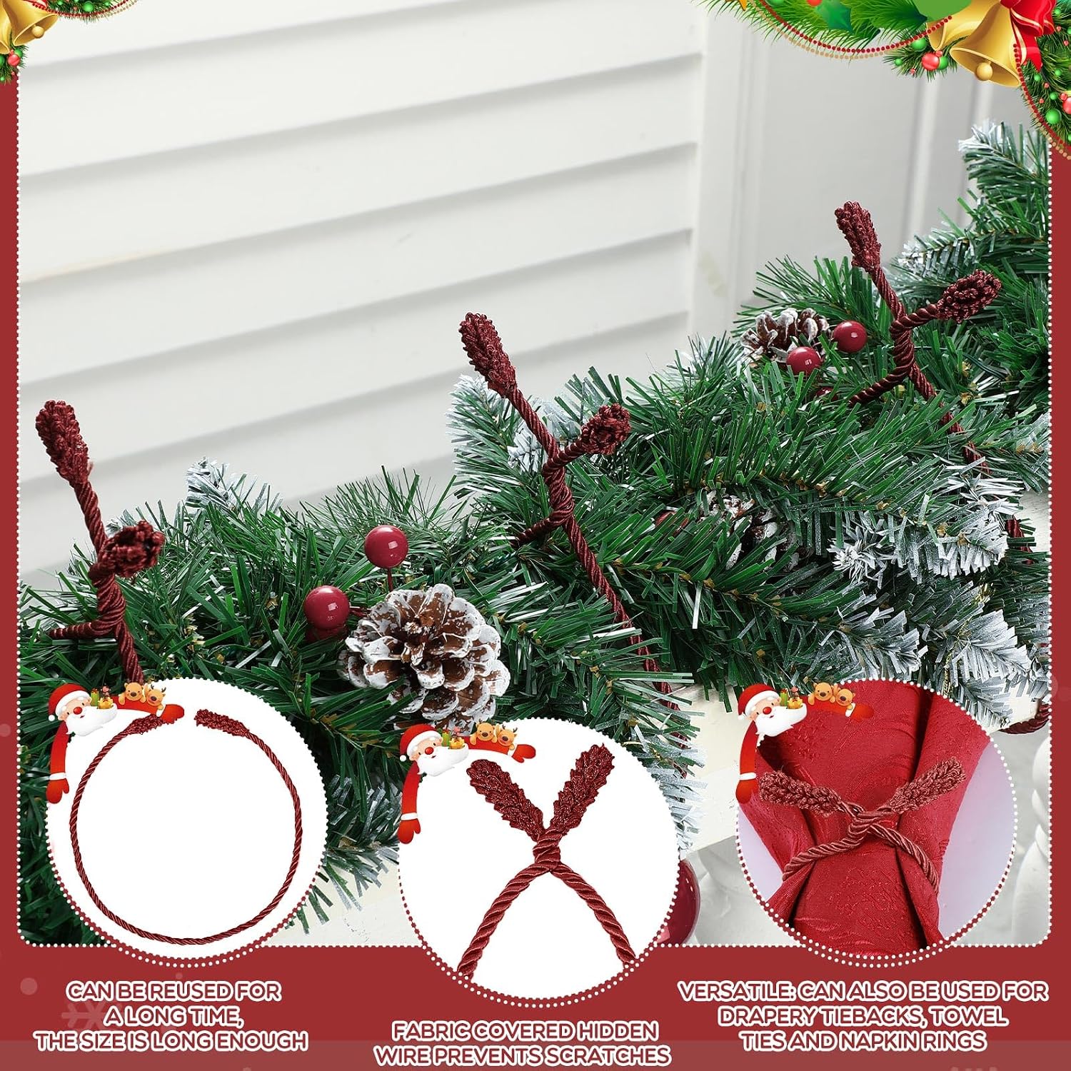 Zhengmy 24 Pcs Christmas Garland Ties Extra Long 30'' 25'' 20'' Reusable Flexible Decorative Twist Tie for Banister Garland Stairway Railing Holiday Xmas Home Decor (Burgundy) image 4