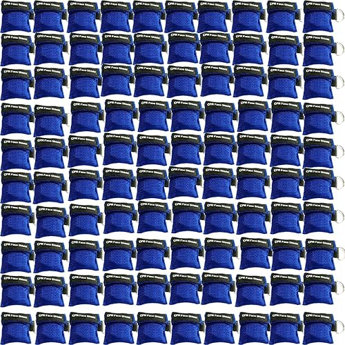 100 unidades de máscara de protección facial de RCP, llavero con llavero de RCP, cubrebocas de bolsillo (azul-100)