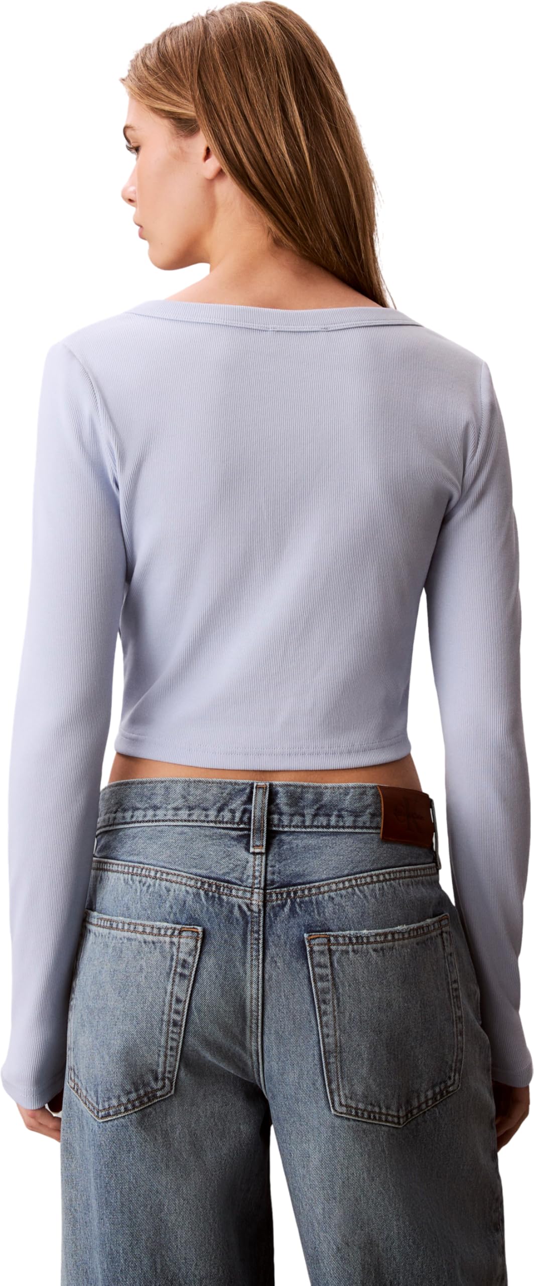 Calvin Klein Damen Strickjacke Cardigan Woven Label Rib mit Knopfleiste, Blau (Breezy Blue), L – Ansicht 2