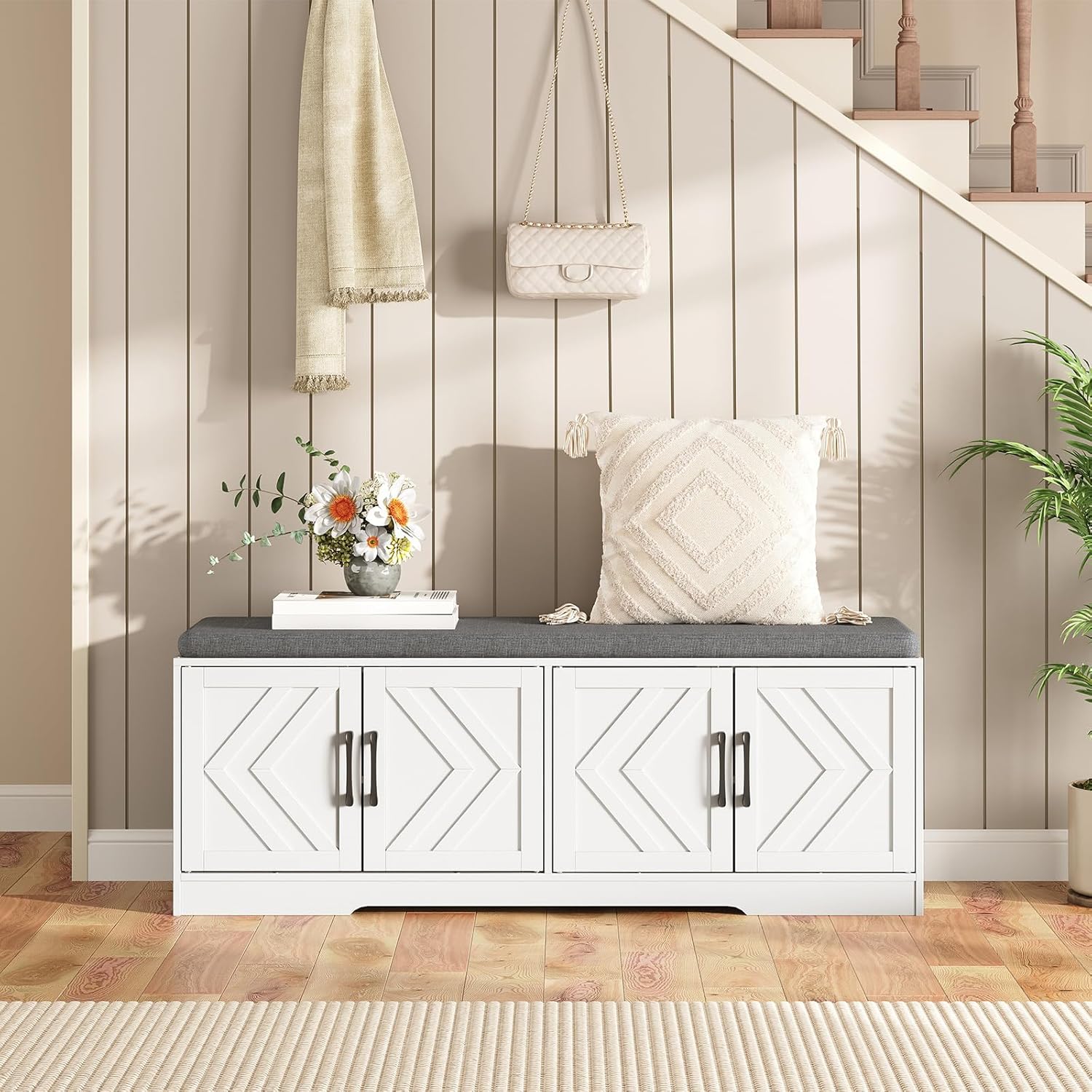 HOOBRO 47.2" Shoe Storage Bench with Cushion, Extra Long Entryway & Mudroom Bench with 4 Barn Doors, Adjustable Shelves, Farmhouse Style, Holds 12–16 Pairs of Shoes, White WG120HX01