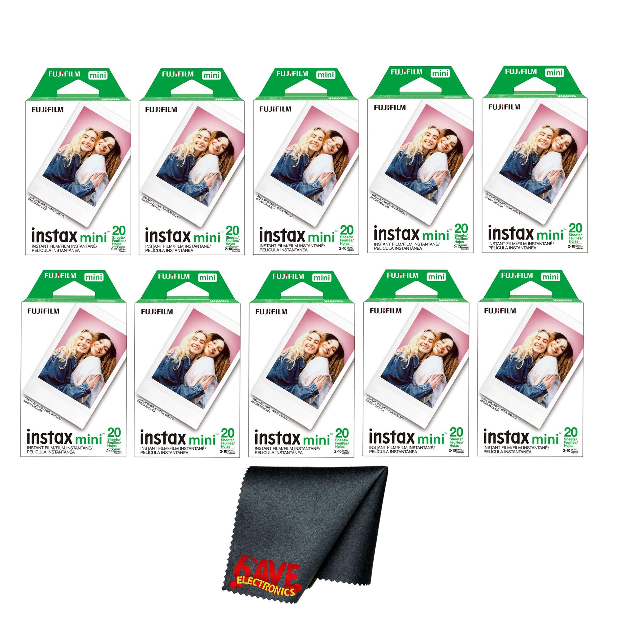 Fujifilm Instax Mini Instant Camera Film (200 Photo Exposure) Bundle with 6AVE Microfiber Cleaning Cloth