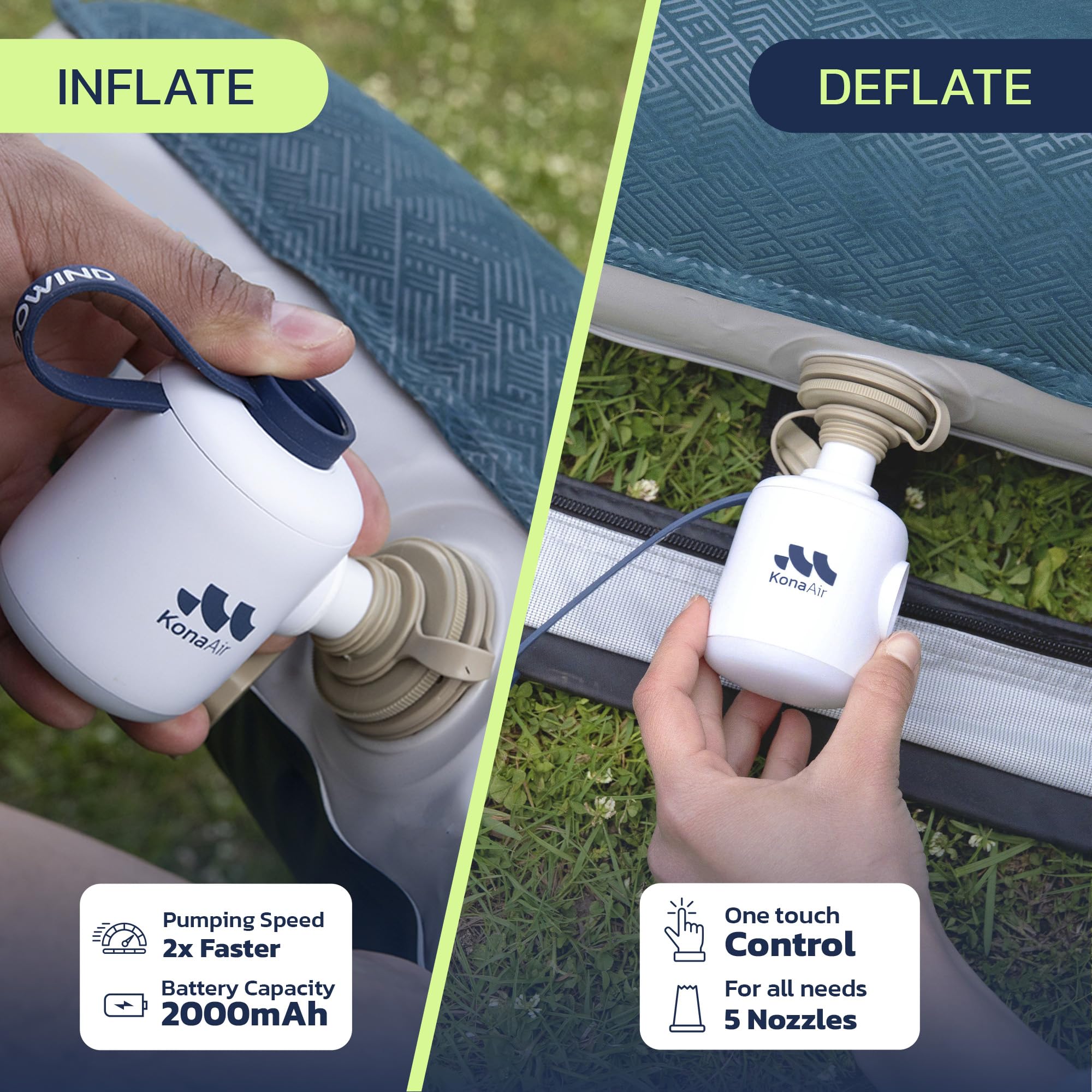 Woowind LP1 + Kona Air – Bundle Gonfleur de Pneus 150PSI pour Voiture/Vélo et Pompe Électrique 200L/min pour Gonflables Camping avec LED