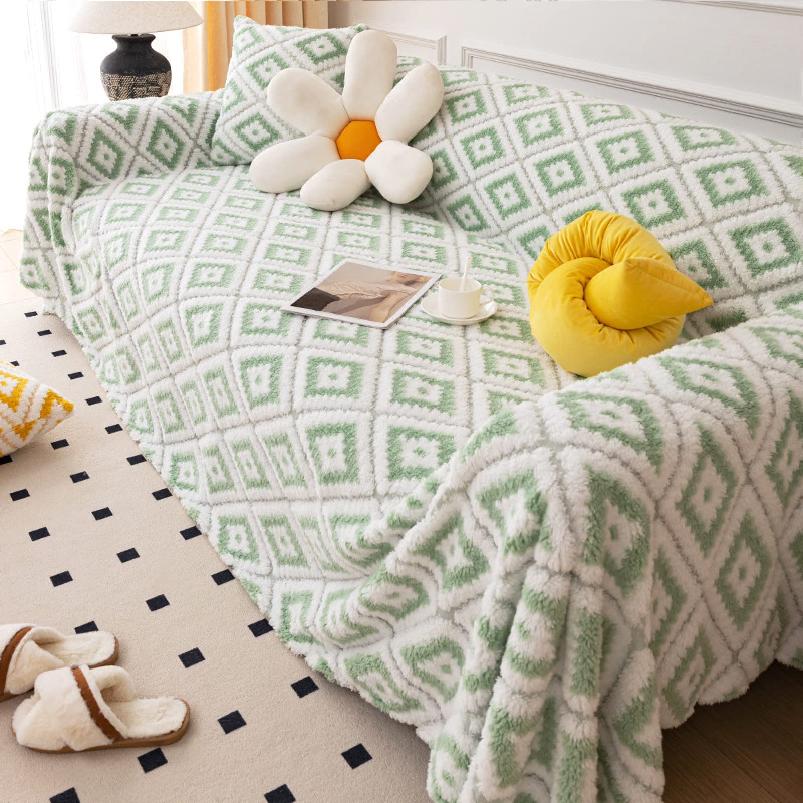 Housse de canapé en peluche jacquard verte 180x300cm pour salon