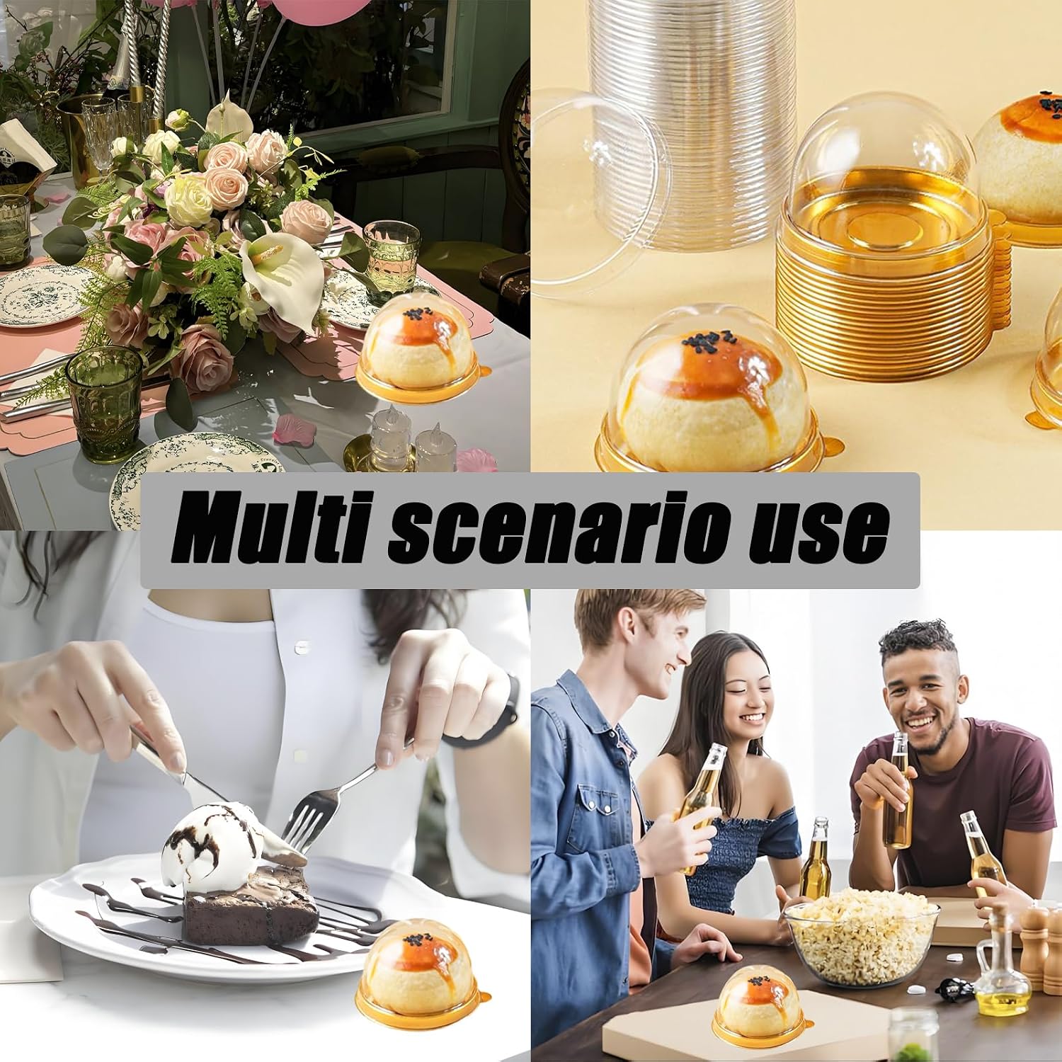 50pcs Clear Plastic Mini Cake Boxes 3in x 1.77in with Gold Accents - Perfect for Candy Apple Boxes, Mini Desserts, Cupcake Toppers, Favors & Party Treats Display - Sturdy Storage Containers