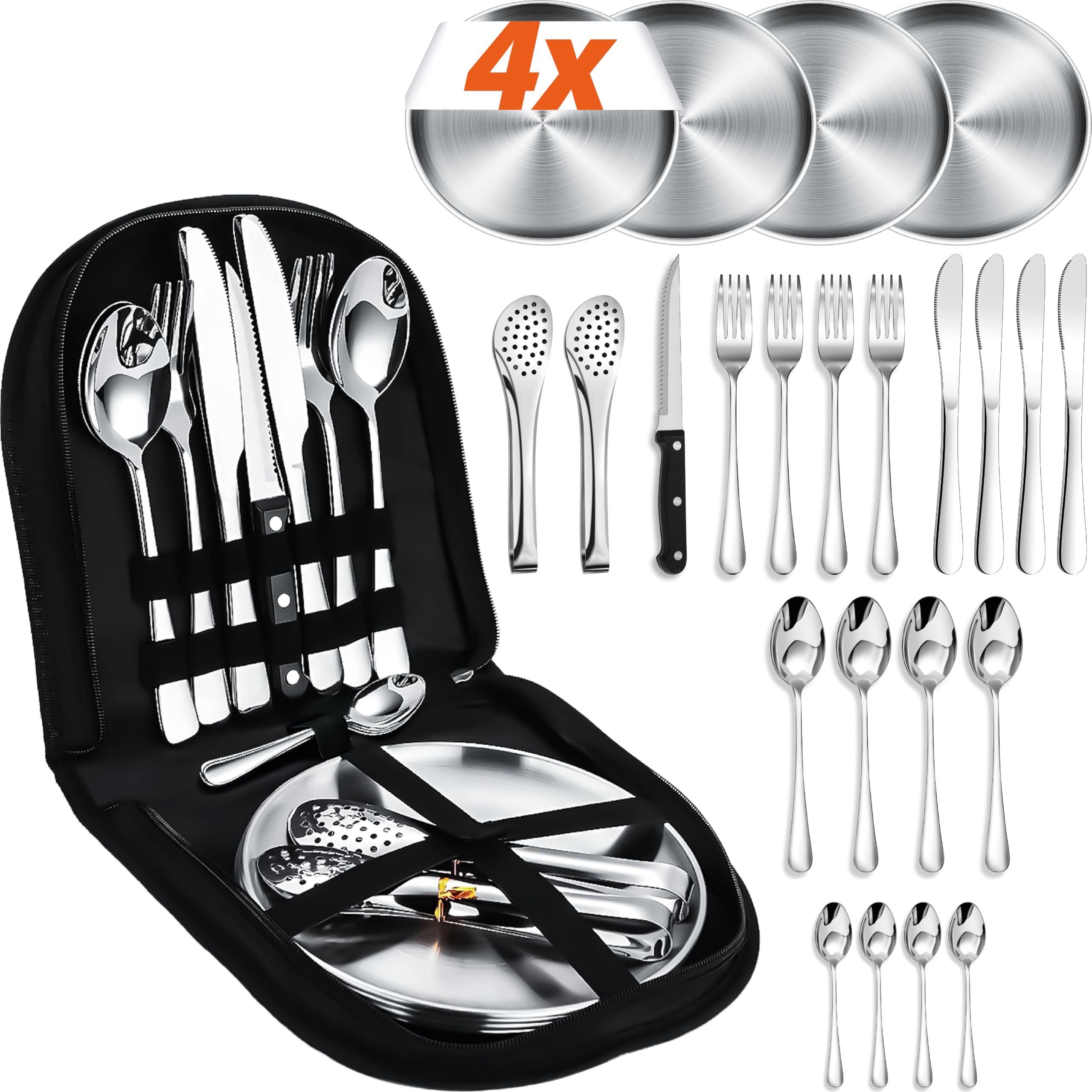 [23-Pieces for 4 People] Camping Cutlery Set with Stainless Steel Plates, Forks, Knives and Spoons – Portable Tableware Utensils for Outdoor, Picnic, BBQ, Motorhome and Caravan. (Includes 4 Teaspoons)