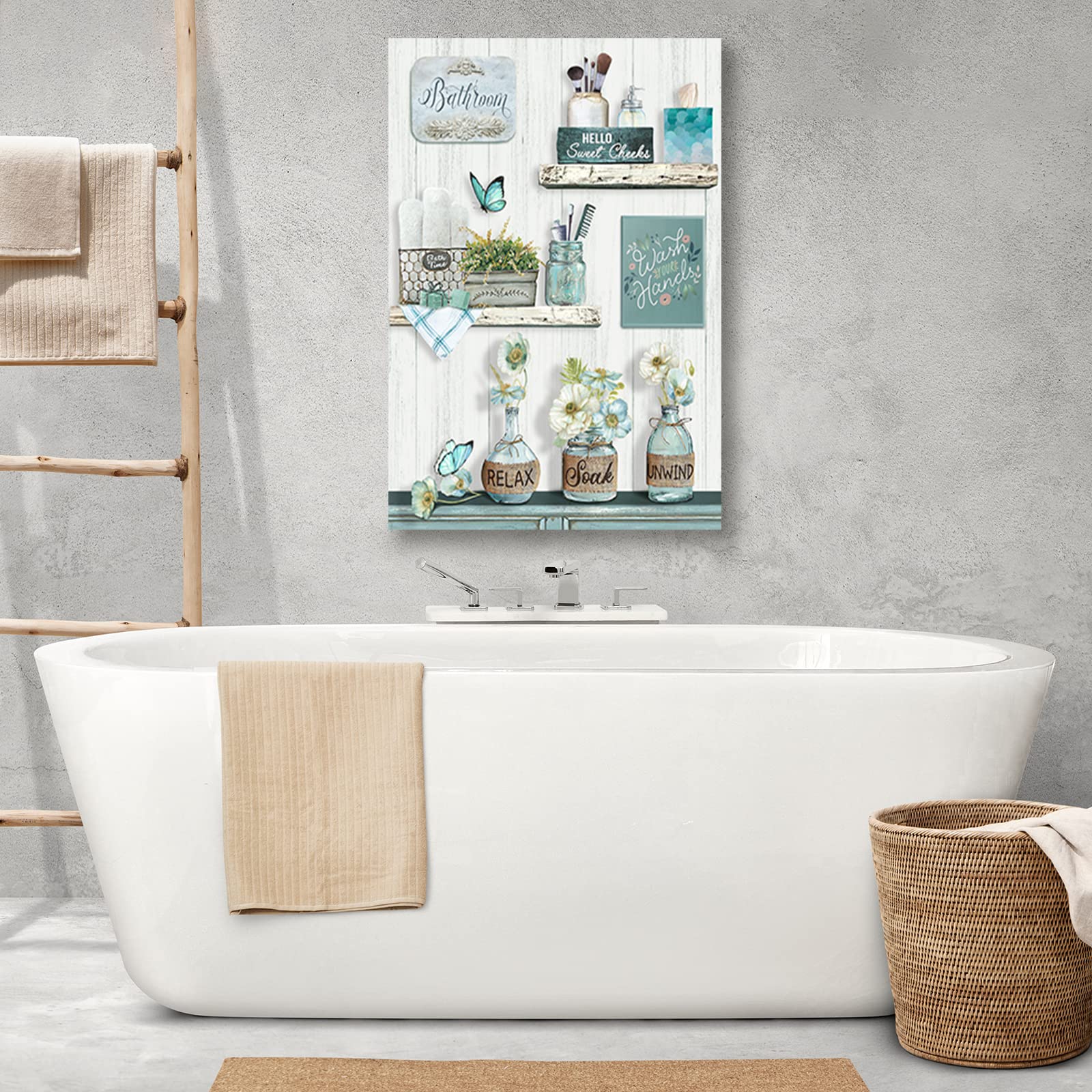 Farmhouse Bathroom Decor Wall Art Rustic Flower and Butterfly Bathroom