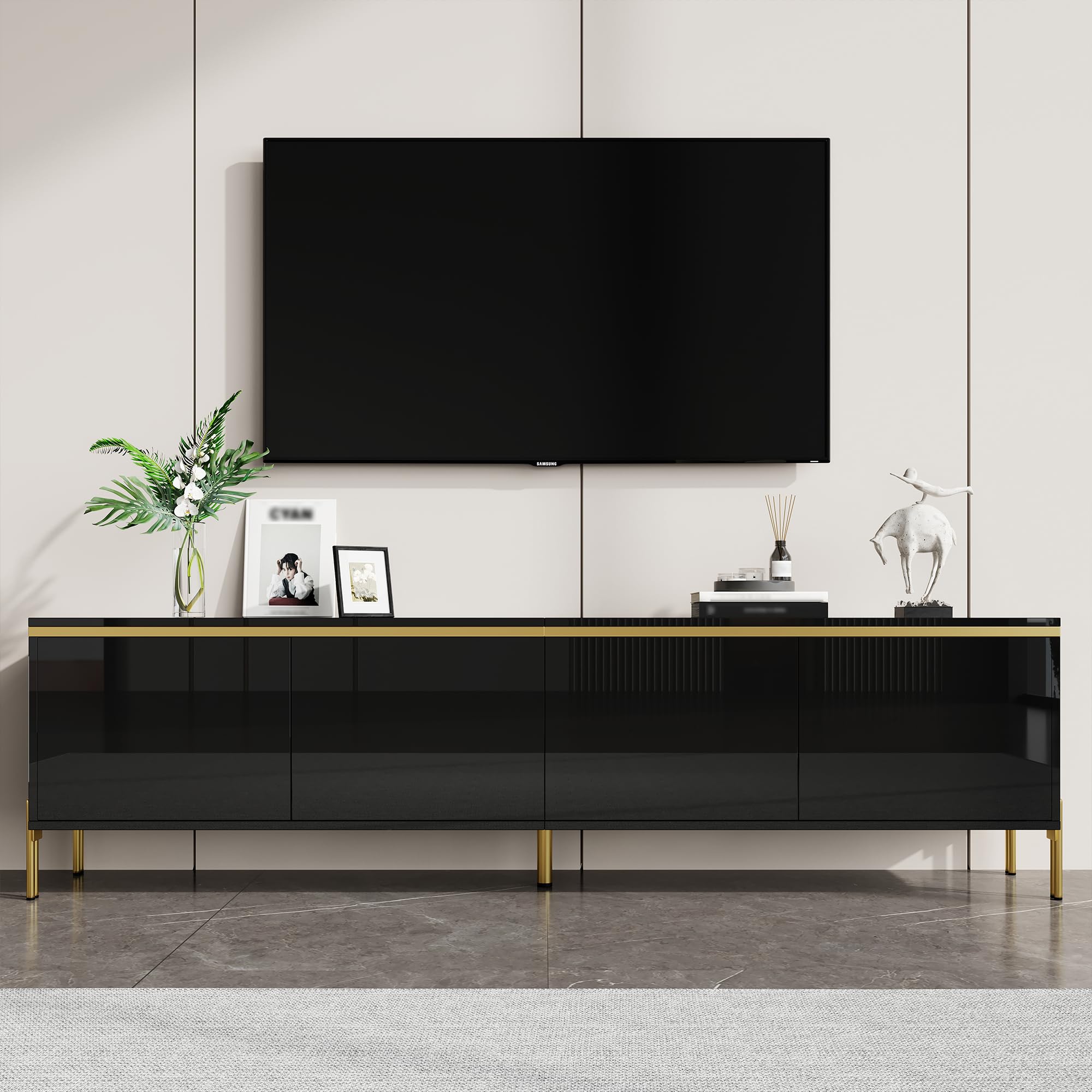 Merax High Gloss TV Unit 170cm with 4 Doors Storage Black & Gold