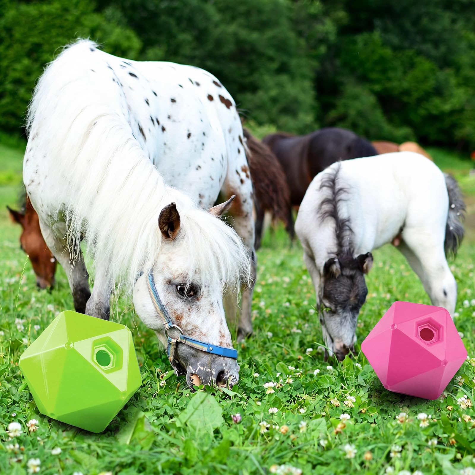 Seenelling Paquete de 2 juguetes de pelota de caballo, alimentador de bolas de 9 pulgadas y alivio del estrés con apertura de 1.13 pulgadas para paddock, juguetes de enriquecimiento de alimentación