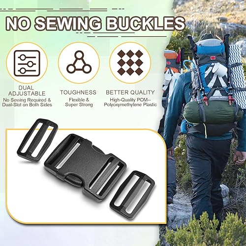 Miniatura 9 de Paquete de 6 hebillas de liberación lateral rápida de 1 pulgada, doble ajustable, sin clips de costura, repuesto de plástico resistente para correas