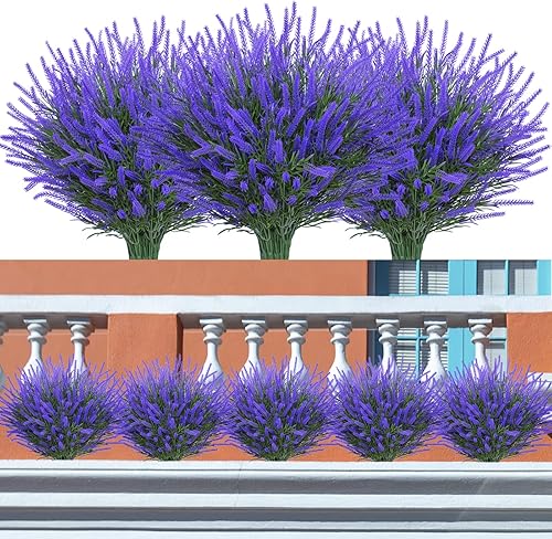 Lavanda artificial 12 paquetes de flores falsas resistentes a los rayos UV no se decolora plástico sintético plantas de tacto real caja de ventana