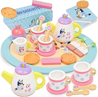 Bluey Tea Party Set - 18-Piece Wooden Play Set with Tray, Teapot, Tea Cup, Biscuits and Notepad for Children from 3 Years - Imaginative Fun and Role Play, FSC Certified
