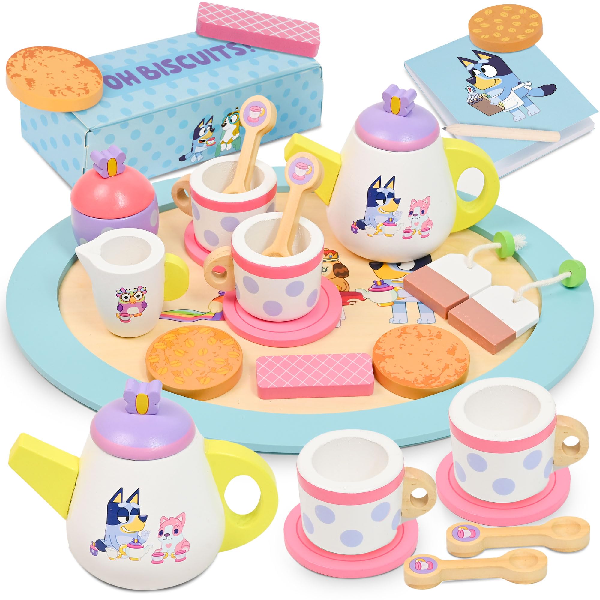 8th Wonder Bluey Toys Wooden Tea Party Set, 18-Piece Durable Toy Tea Set with Tray, Teapot, Teaspoons, and More, Pretend Play for Toddlers of Ages 3+