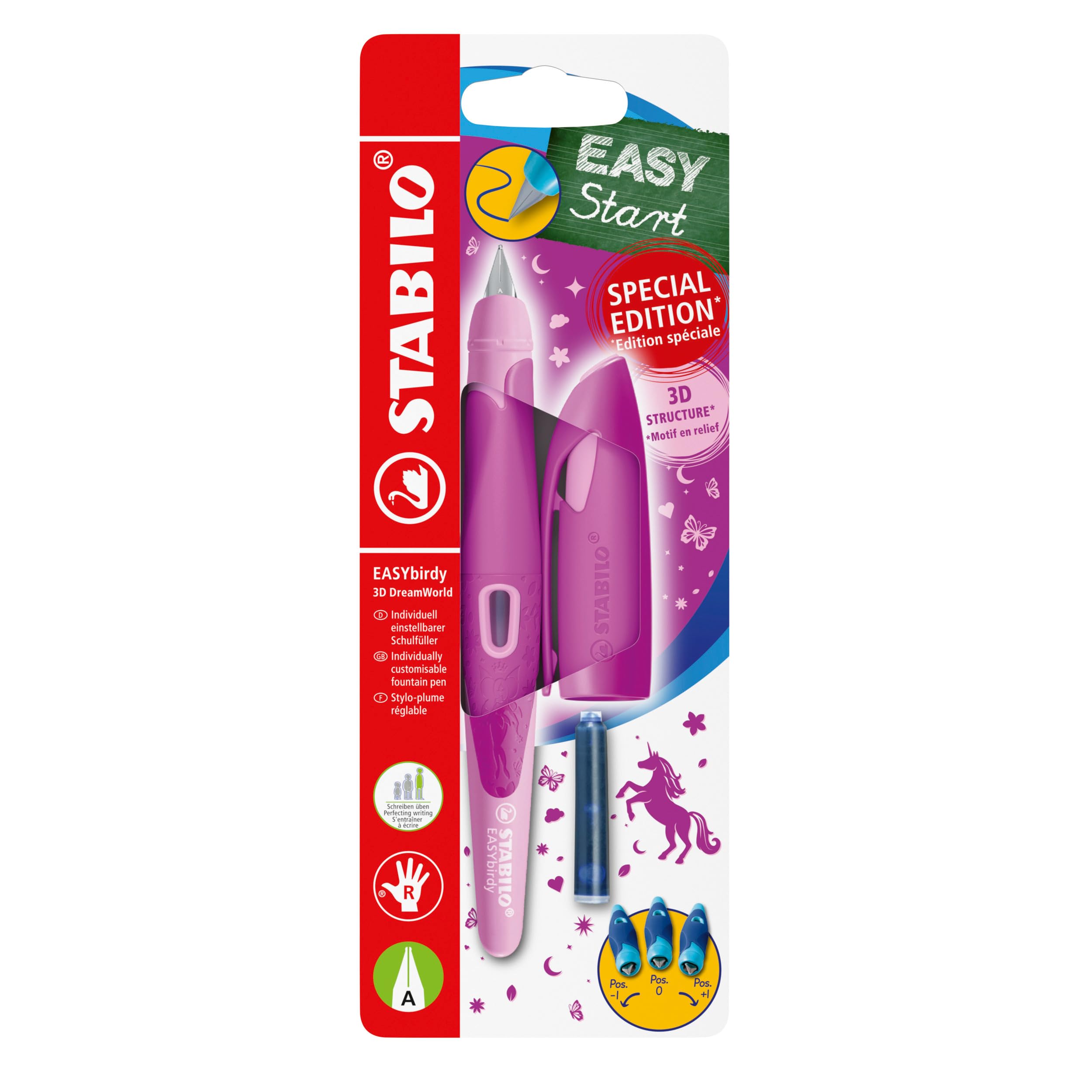 STABILO EASYbirdy 3D DreamWorld - Ergonomic School Fountain Pen - A-Nib - Right-Handed - Pack of 1 - Pink