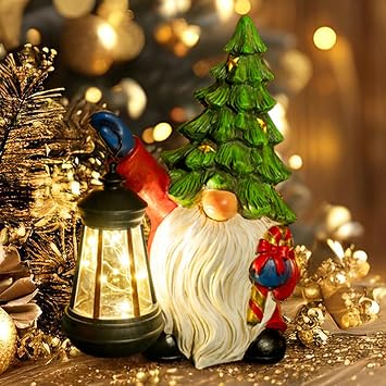 Solar Christmas Gnome Garden Decor Xmas Tree Gnome Outdoor Statue with LED Lantern - Winter Gnome Christmas Holiday Porch Patio Yard Home Decor Gifts for Mom Women, Xmas Tree Gnome
