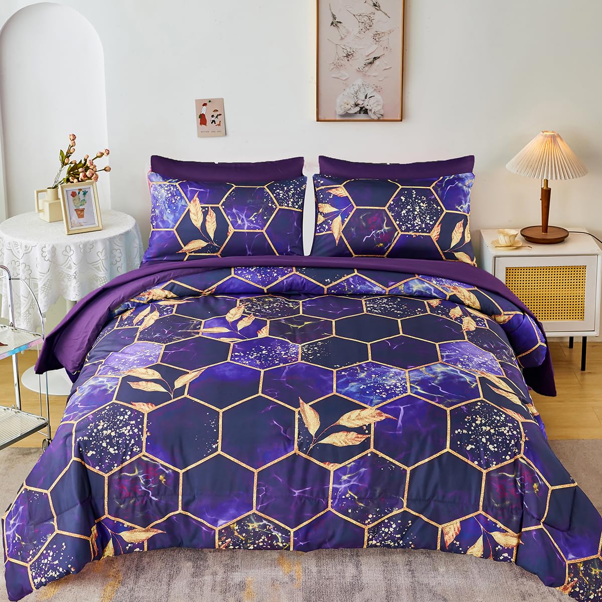 Edredón morado King de 7 piezas con sábanas completas ZRNBAST para todo el año
