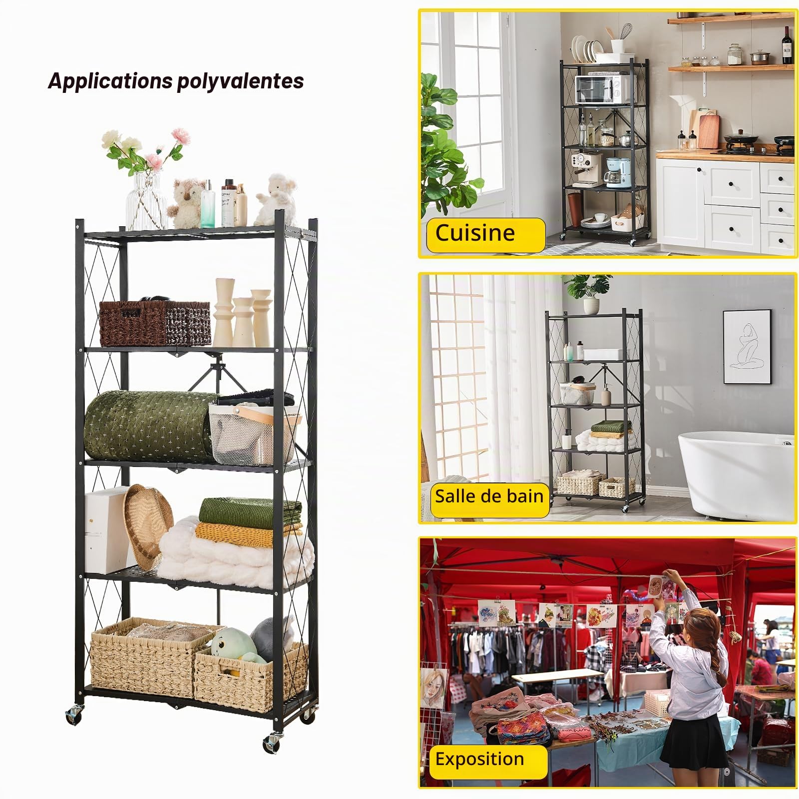 BRIAN & DANY Pliable Etagere de Rangement à 5 Niveaux, Étagère Pliante en Métal avec roulettes, Étagère Rabattables pour Garage de Cuisine, 65 x 33 x 150 cm, Noir