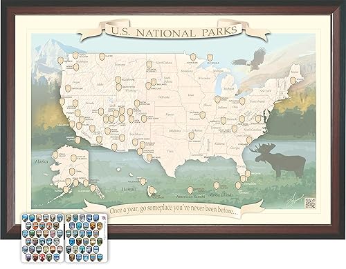 Miniatura 1 de National Parks Map  Push Pin and Domed Stickers  USA National Parks Travel Map in mahoganyblack frame. Map size including frame 28 x 19 inches