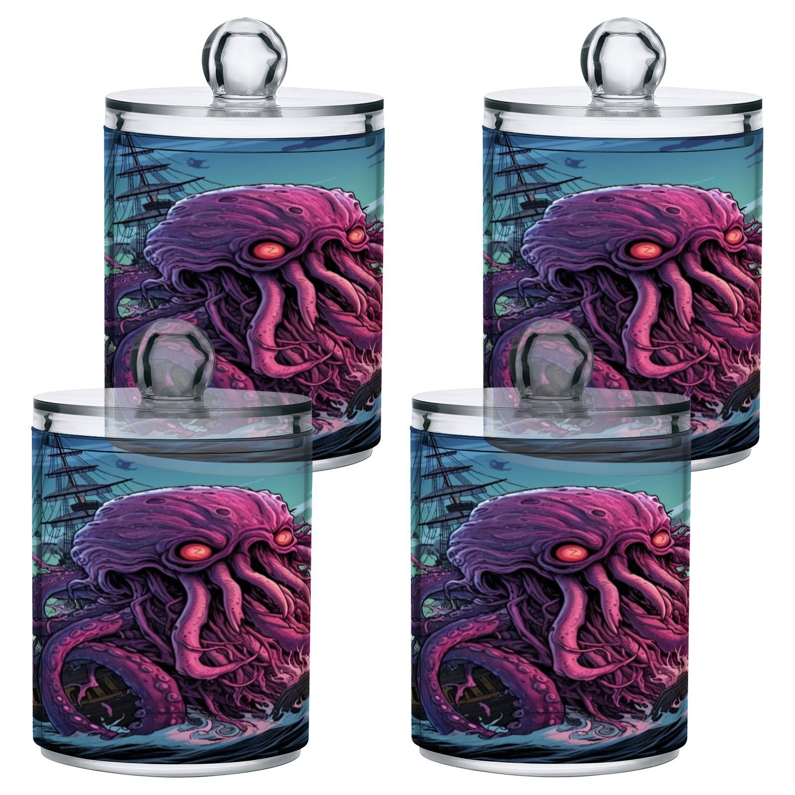 Coikll Kraken Monster Octopus Qtip Holder with Lid 2PCS Apothecary Jars Storage Containers, Clear Plastic Canister for Cotton Swab,Floss Picks, Cosmetics
