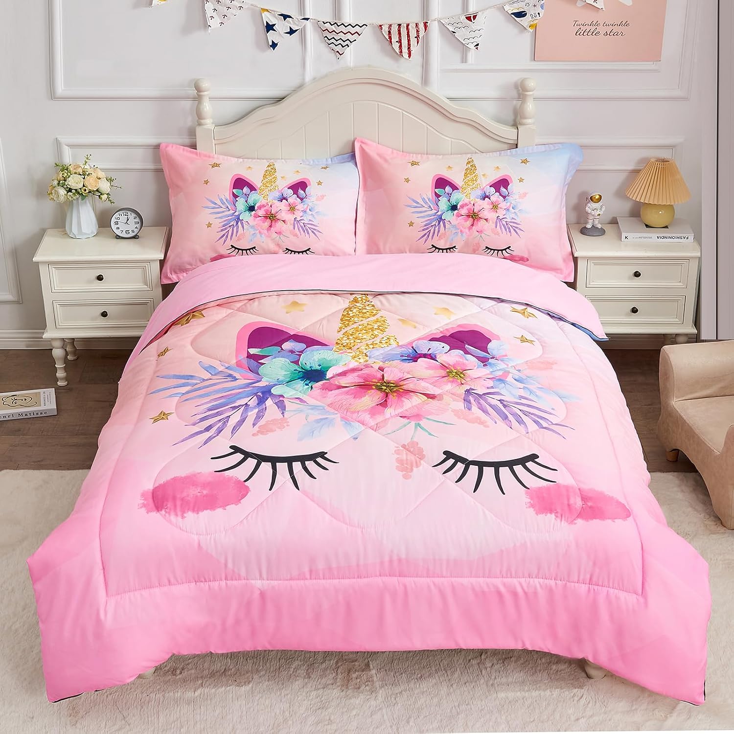 KINBEDY Pink Unicorn Twin Bedding Sets for Girls 3 Pieces Kids Comforter Set Floral