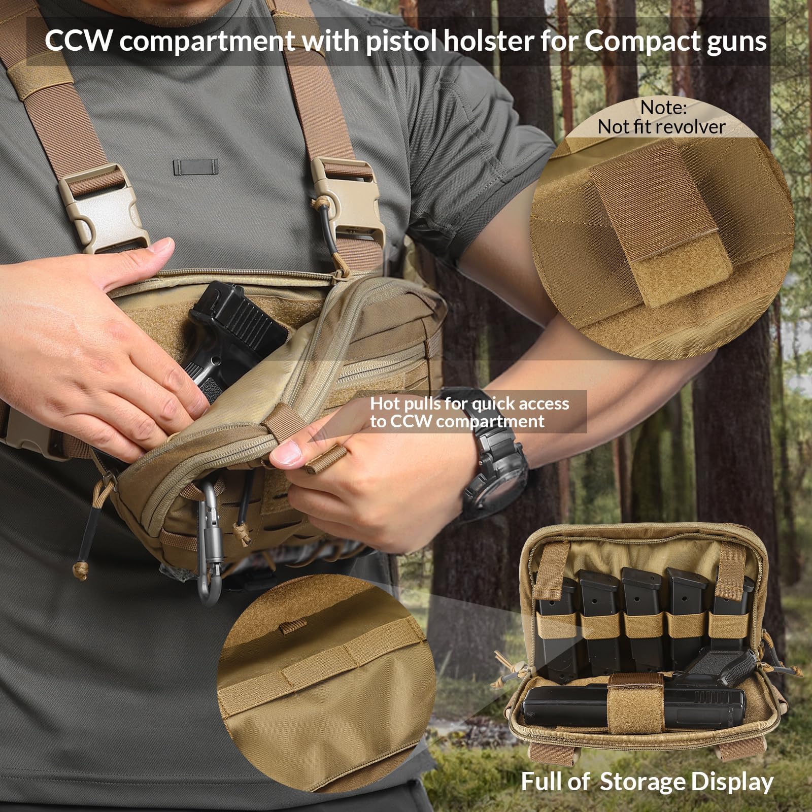 WLXW Taktische EDC-Brusttasche 2L Utility Molle Chest Rig Tasche Mit CCW-Fach Verstellbarer Gurt Für CS Jagd Airsoft Outdoor(TAN)
