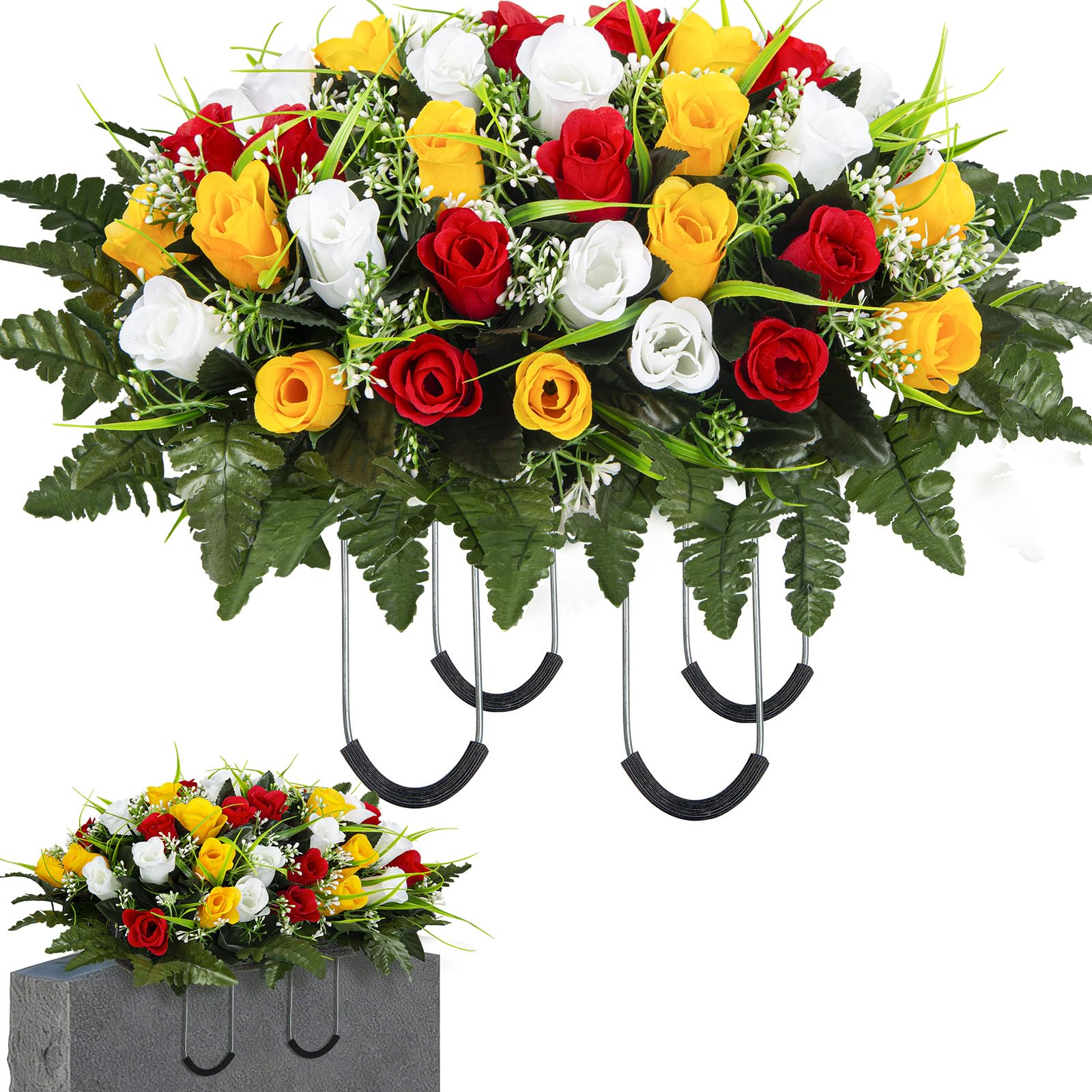Artificial Cemetery Flowers Saddle, Grave Flowers Rose for Cemetery, Memorial Headstone Flowers Saddle for Grave Tombstone Decorations (1, Red & Yellow & White) image 1