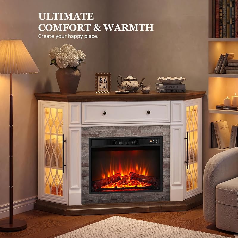 HolliWill 56" Corner Fireplace TV Stand with Outlet/LED Lights, White/Brown image 3