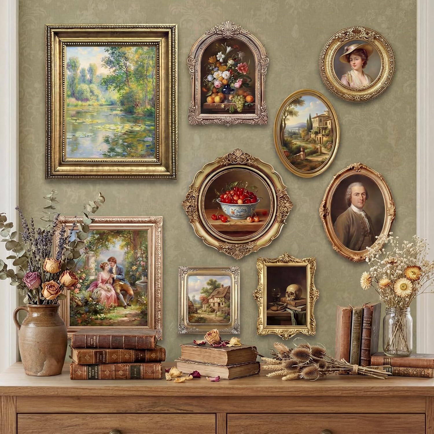 Xuhal 10 Pcs Gold Vintage Picture Frames for Wall, Flat Printed Patterns, Ornate Vintage Farmhouse Photo Frame Multi Sizes, Antique French Country Wall Art for Gallery Bedroom Living Room Home Decor