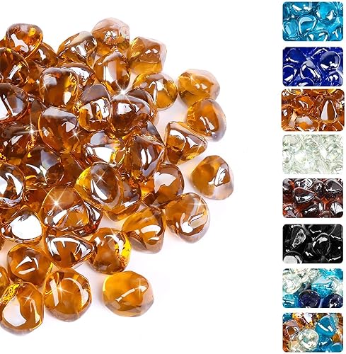 GRISUN Diamantes de vidrio ignífugo color champán rosa para hoguera, rocas de vidrio templado reflectante de 1 pulgada de alto brillo para chimenea