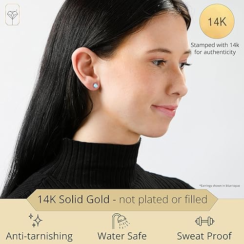 Miniatura 2 de Aretes redondos de oro de 14 quilates para mujer, aretes de piedra natal de 0.236 pulgadas Aretes de piedras preciosas de oro real para mujer