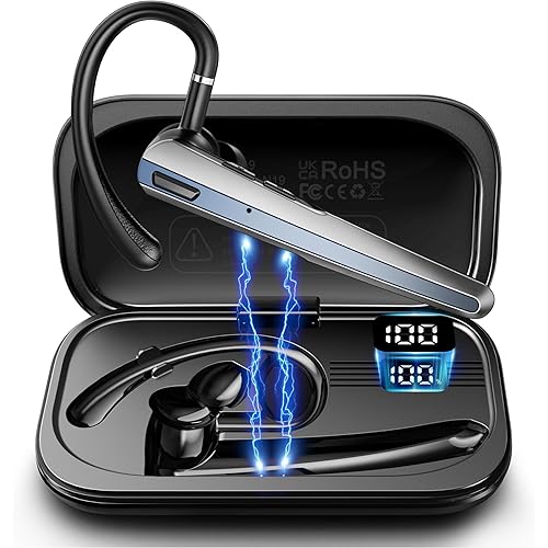 Bluetooth Headset with Microphone, Wireless Earpiece with Charging Case for Cellphones, PC, Single Ear Headset with Mute for Trucker Driver, Remote Work, Skype, Zoom, Teams, Call Center