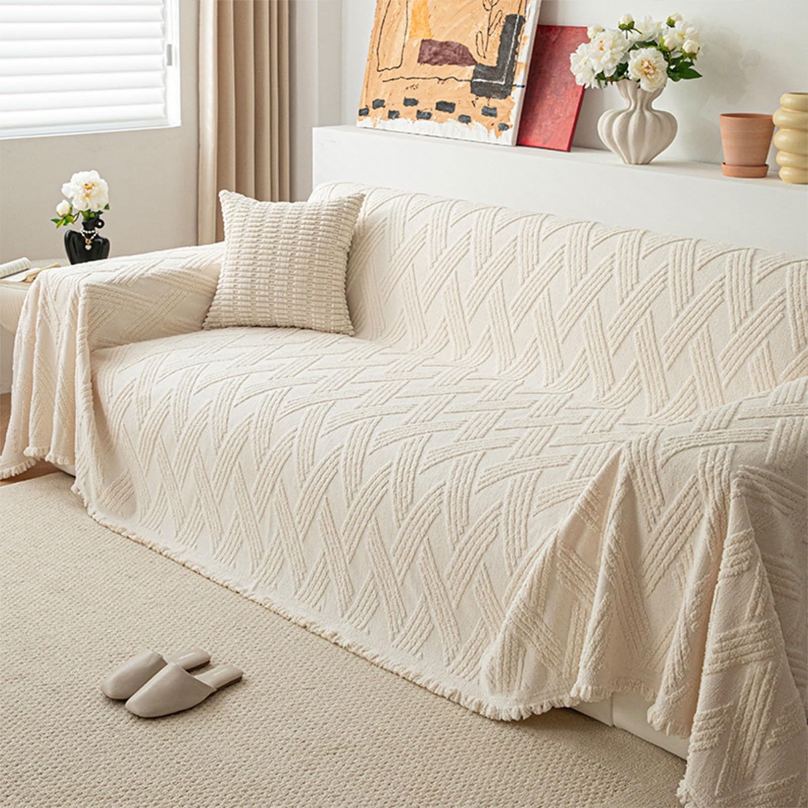Jeté de protection canapé haut de gamme blanc 180x280 cm doux avec pompons