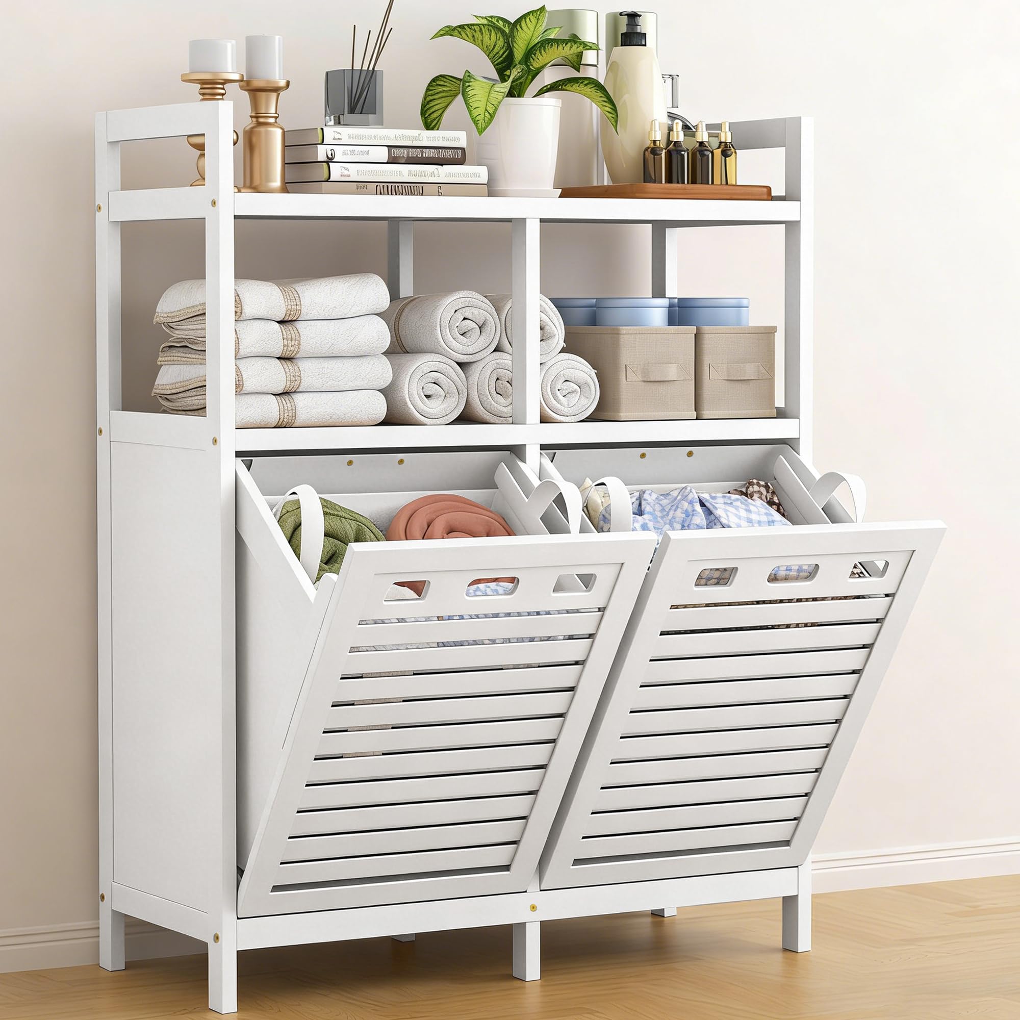 VASMIA Armario de Baño con Cesto de La Ropa, Bambú Mueble de Baño con Bolsas para La Ropa, con 2 Estantes, con Cestas de Lavandería Extraíbles (2*38 L), para Baño, Dormitorio, Cuarto de Lavado, Blanco