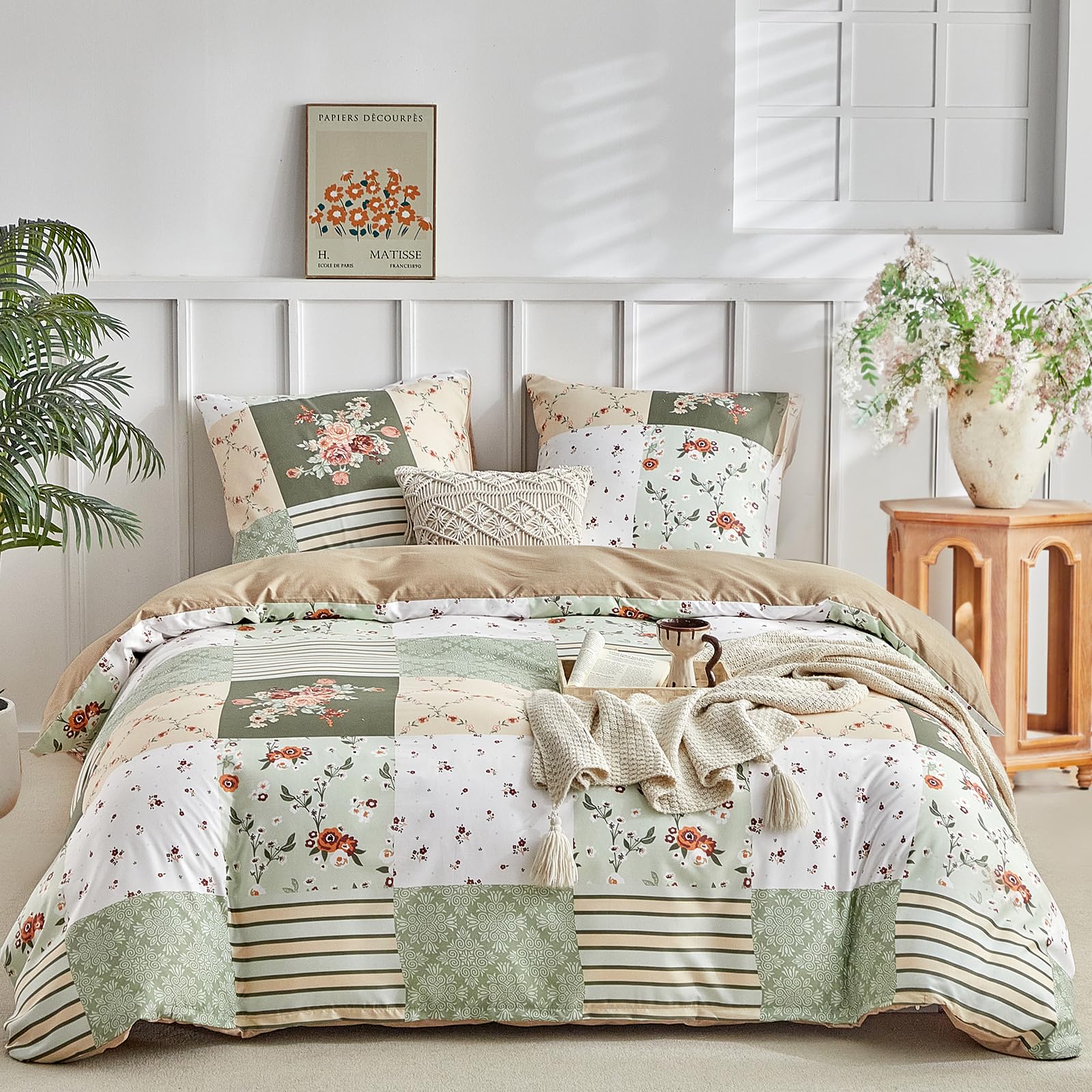 Tokokimo Bed Linen 220 x 240 cm 3-Piece - Patchwork Floral Pattern Bohemian - Microfibre Duvet Cover 220 x 240 cm for Double Beds with 2 Pillowcases with Zip 80 x 80 cm, Green — image 1