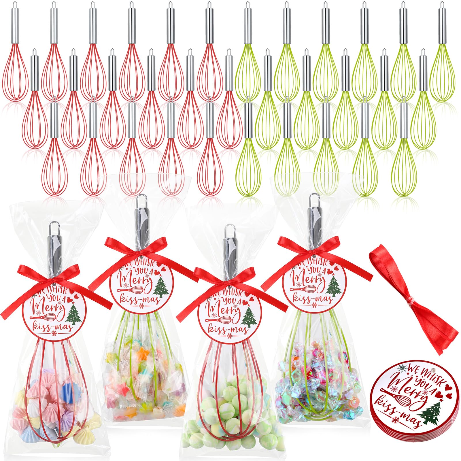 FoldTier 100 Sets 10 Inch Christmas Whisks Gifts DIY Fillable Christmas Tree Ornaments Xmas Colored Silicone Whisks for Cooking Heat Resistant Egg Beaters with Card Rope Bag for Candy Holder