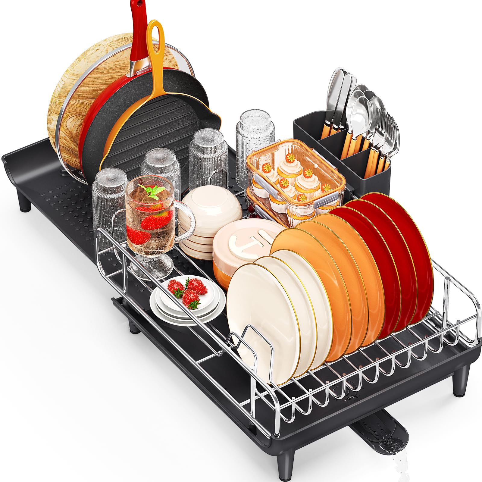 KINGRACK Expandable Dish Drainer Tableware, Folding Dish Rack for Kitchen Counters, Stainless Steel Folding Dish Drain Stand with Cutlery Holder, Black