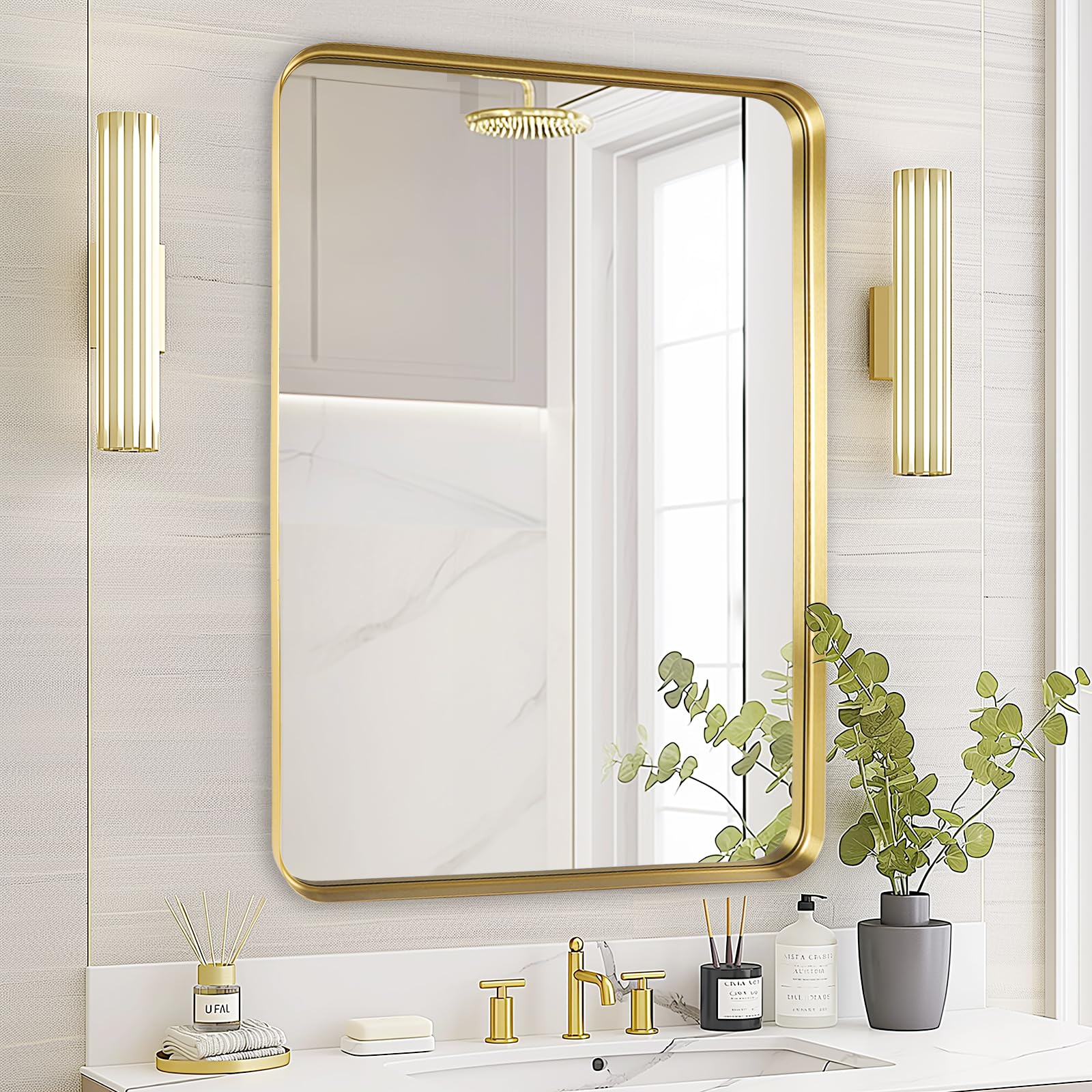 Fabuday Gold Mirror Bathroom Wall - Over Sink 36x24 Inch Rectangle Framed Brushed Mirror, Large Gold Trim Vanity Mirror Hanging for Bedroom, Restroom, Living Room, Entryway Decor